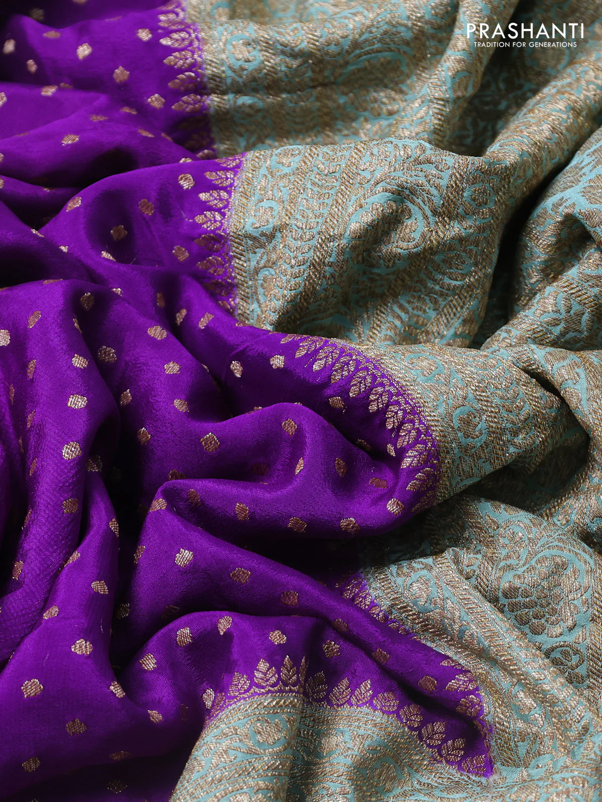 Banarasi crepe saree purple and teal blue with allover thread & zari woven buttas and woven border - Image 3
