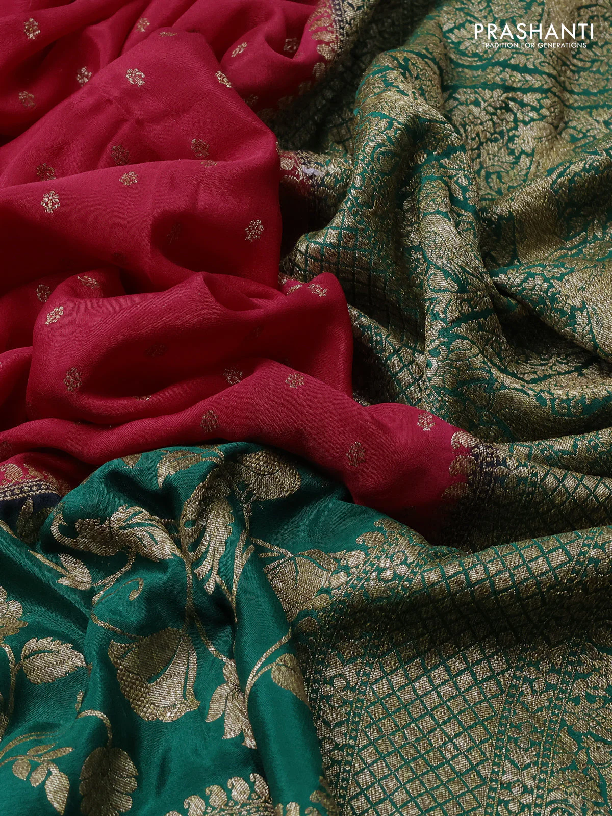 Banarasi crepe saree red and green with thread & zari woven buttas and long woven border - Image 3