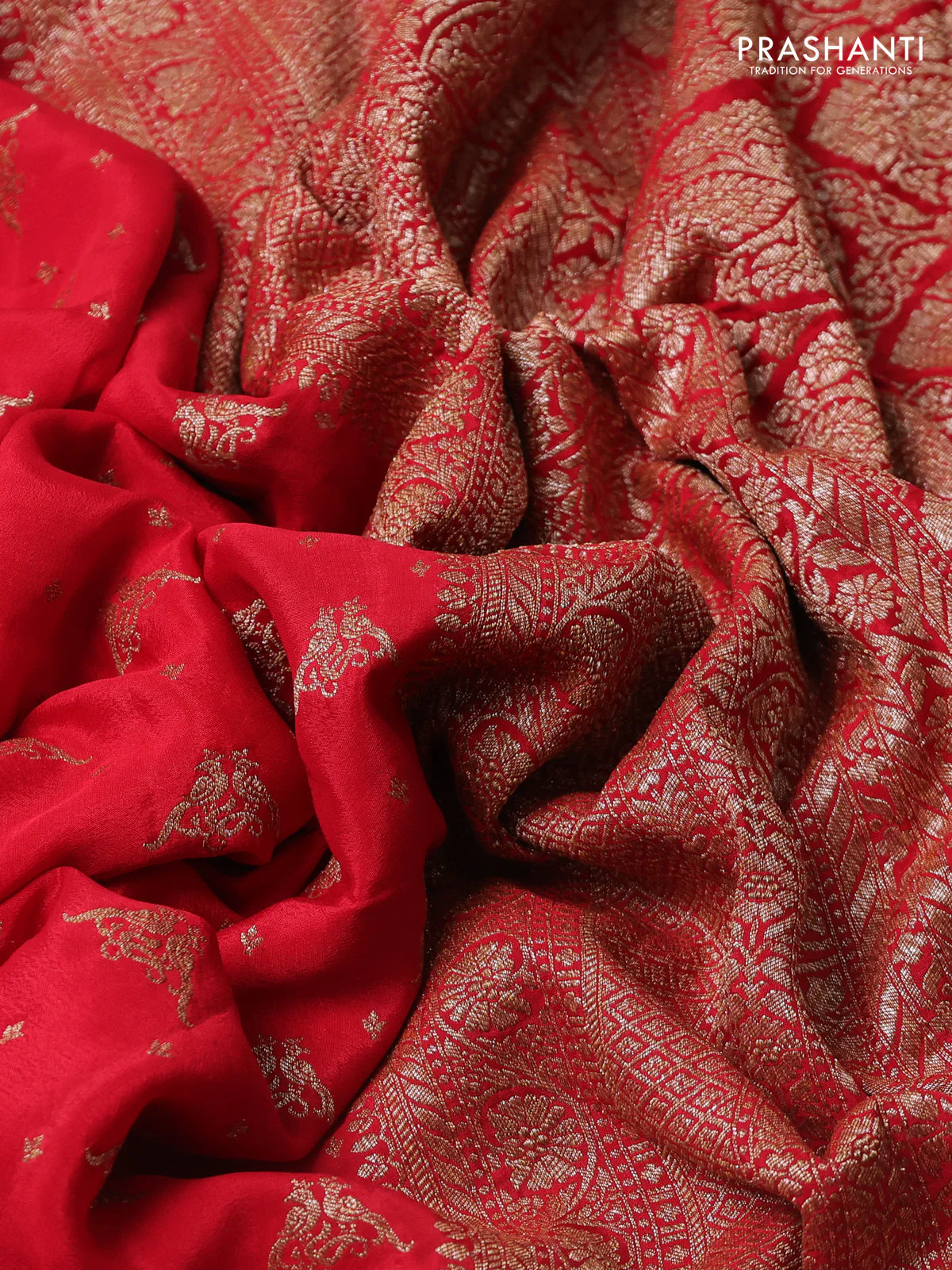 Banarasi crepe saree red with allover thread & zari woven buttas and woven border - Image 3