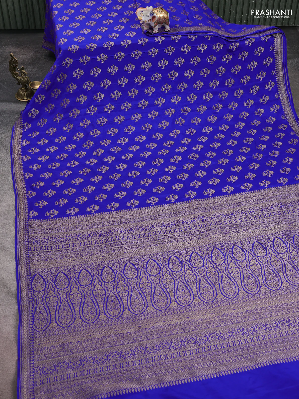Banarasi crepe saree royal blue with allover thread & zari woven buttas and woven border - Image 2