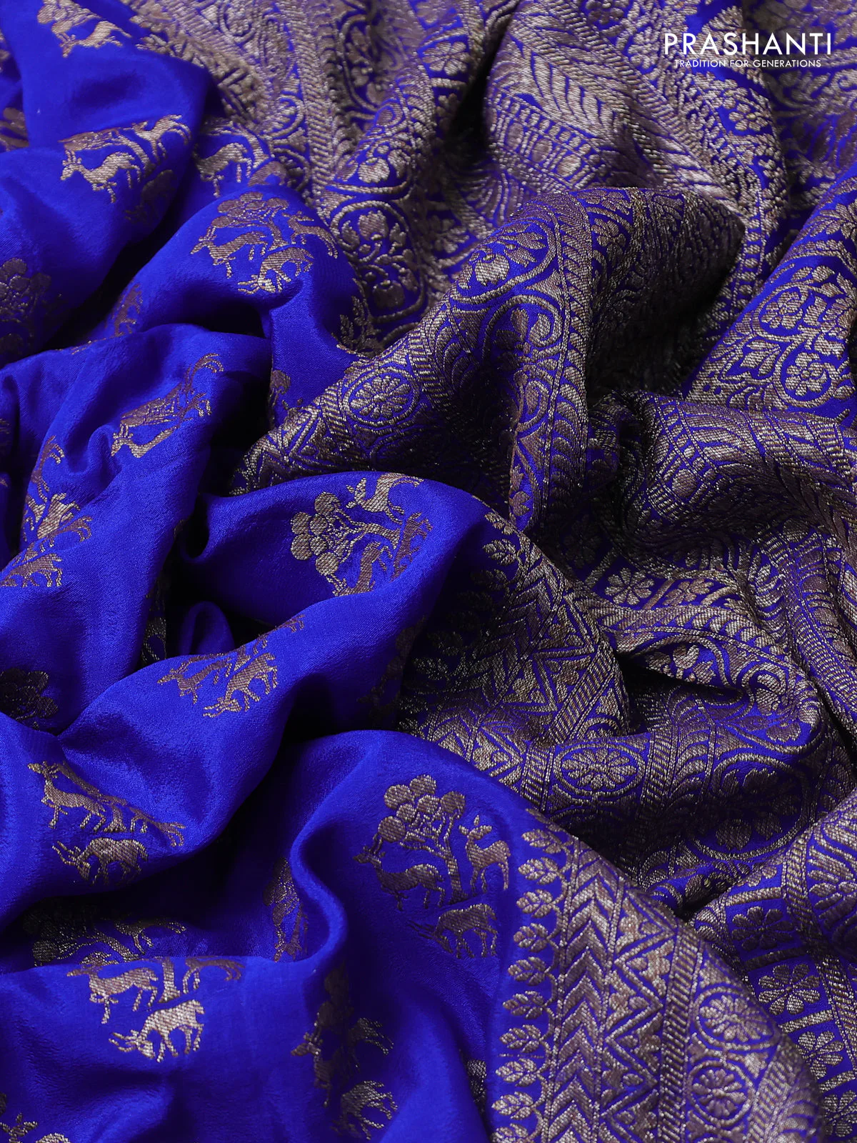 Banarasi crepe saree royal blue with allover thread & zari woven buttas and woven border - Image 3