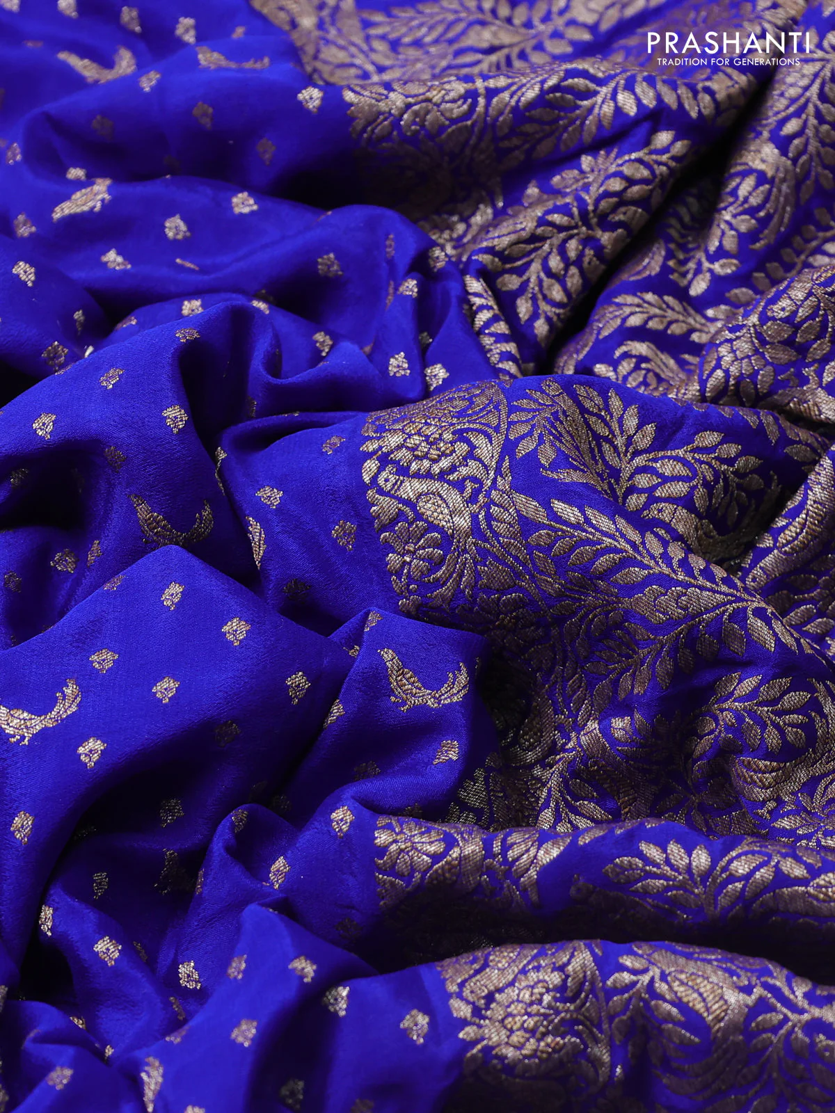 Banarasi crepe saree royal blue with allover thread & zari woven buttas and woven buttas - Image 3