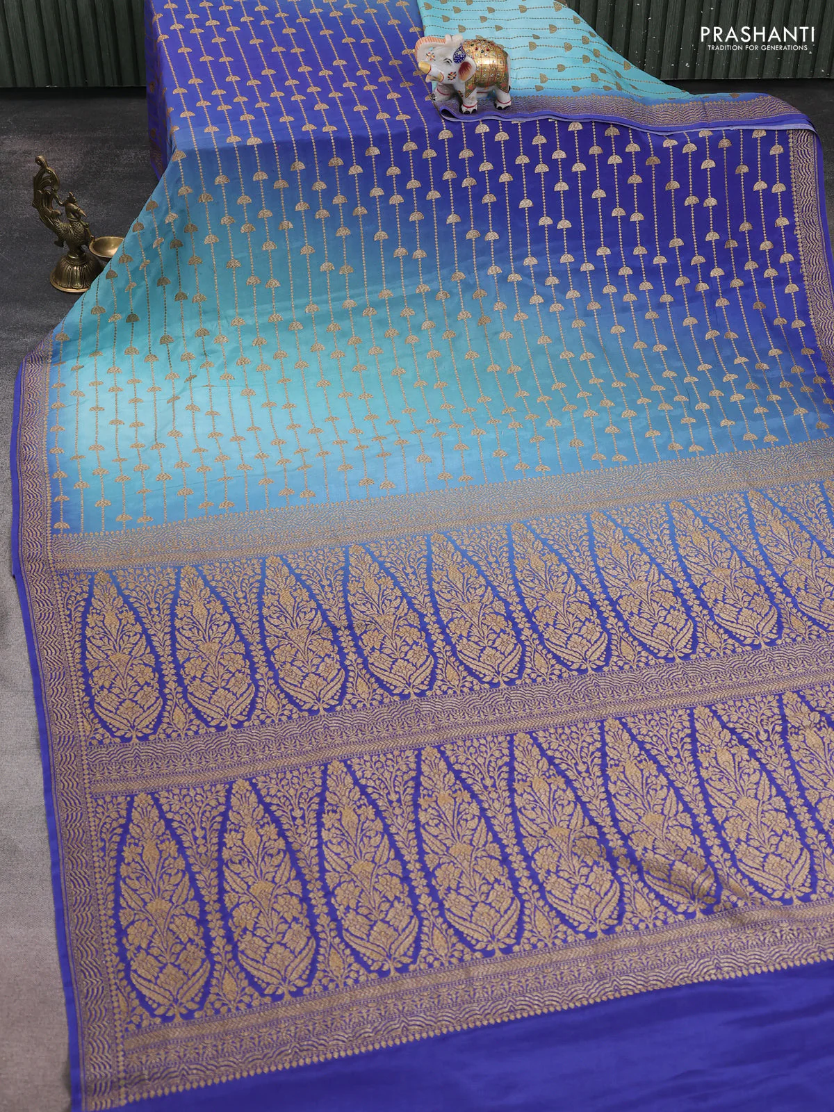 Banarasi crepe saree teal blue and blue with allover thread & zari geometric weaves and woven border - Image 2