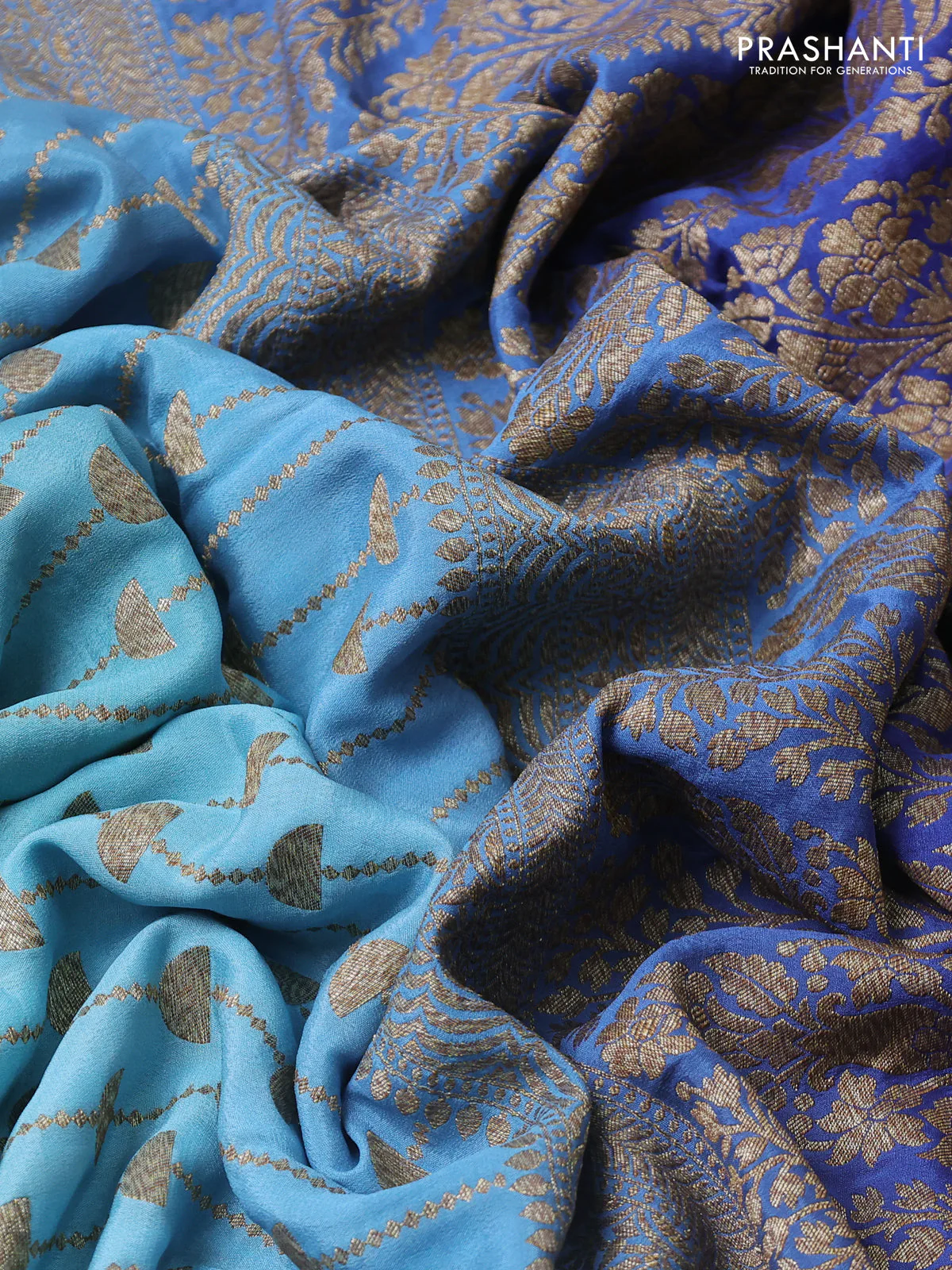 Banarasi crepe saree teal blue and blue with allover thread & zari geometric weaves and woven border - Image 3