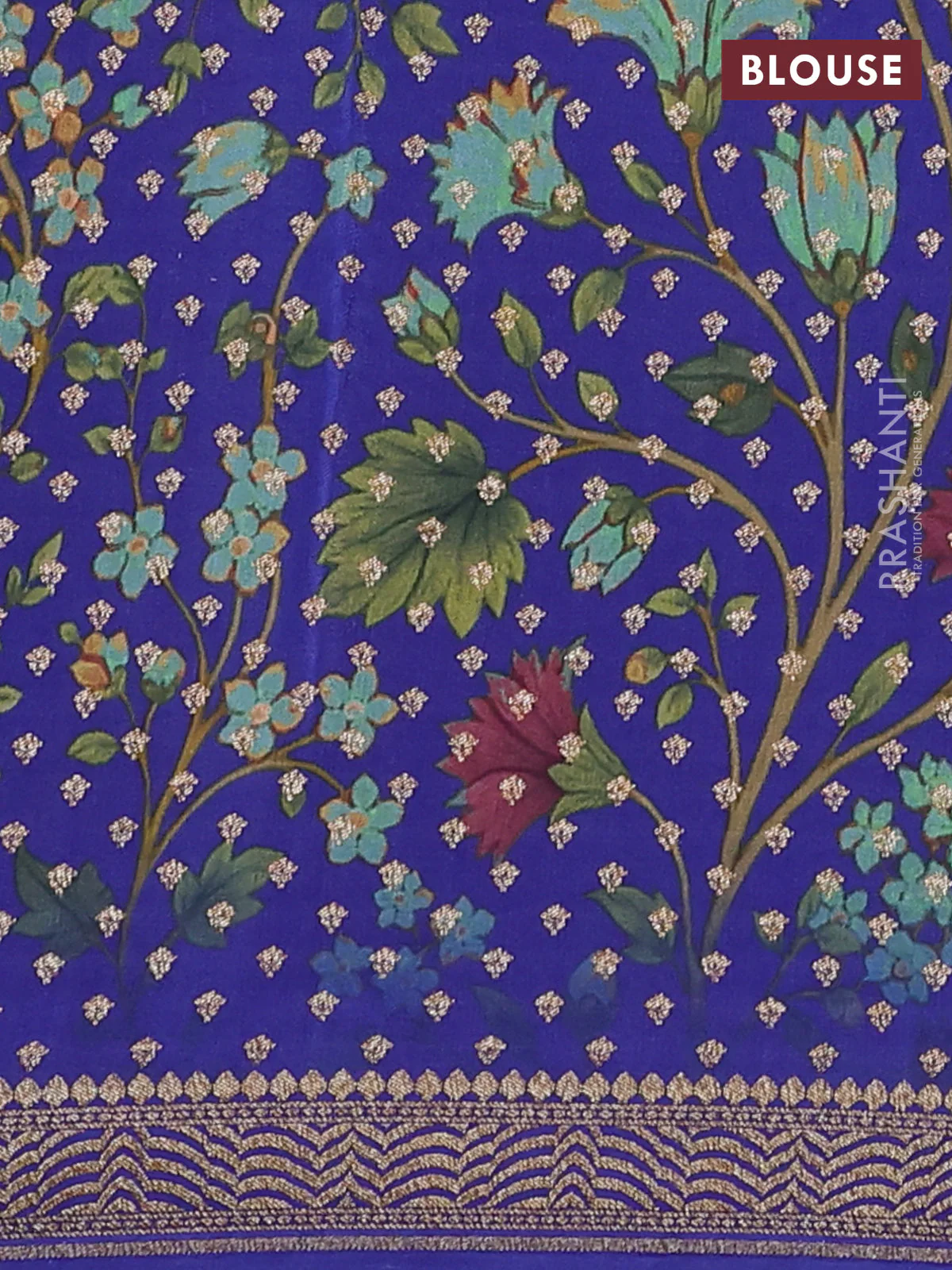Banarasi crepe saree teal blue and blue with allover thread & zari geometric weaves and woven border - Image 4