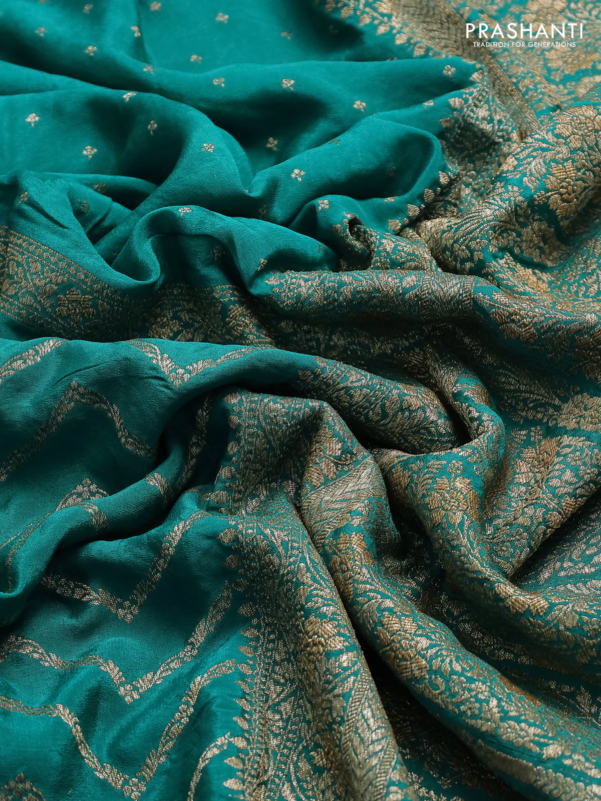 Banarasi crepe saree teal green with half & half style and woven border - Image 3