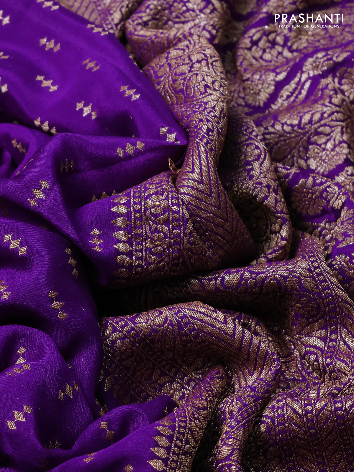 Banarasi crepe saree violet with allover thread & zari geometric weaves and woven border - Image 3