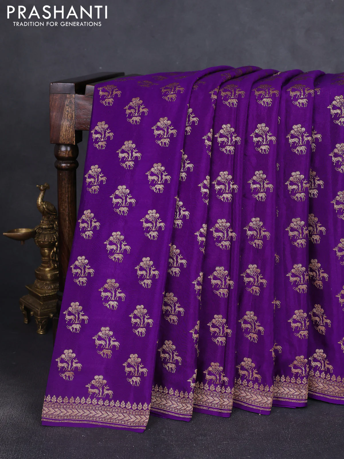 Banarasi crepe saree violet with allover thread & zari woven buttas and woven border