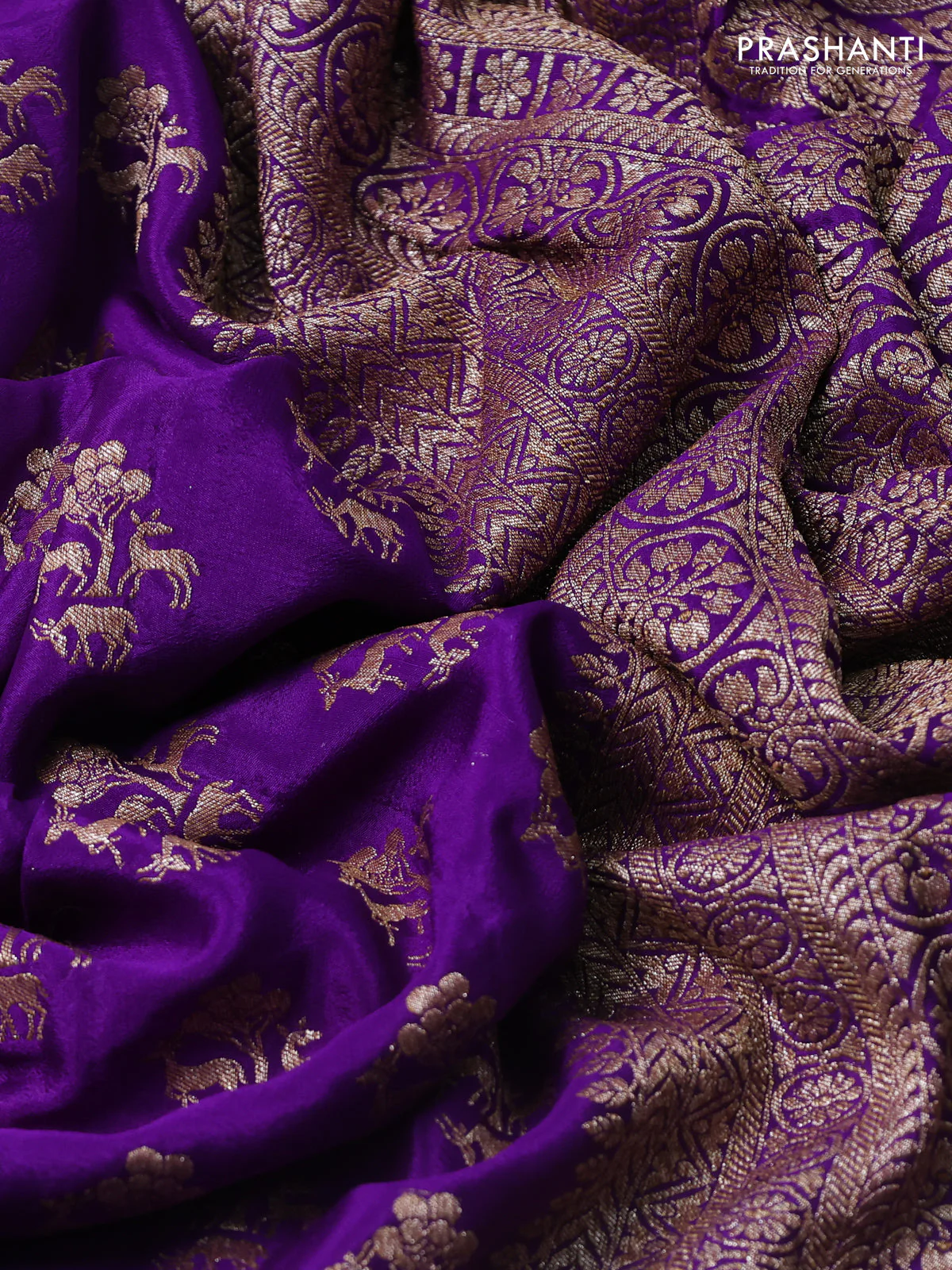 Banarasi crepe saree violet with allover thread & zari woven buttas and woven border - Image 3