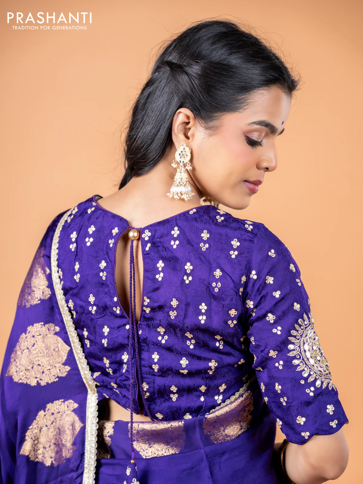 Banarasi crepe saree violet with stripes pattern and mirror work & banarasi style border - Image 10