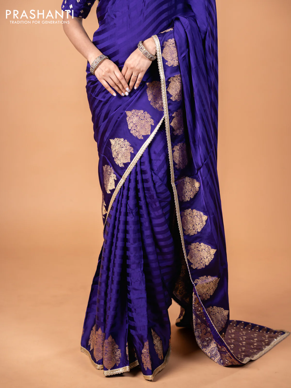 Banarasi crepe saree violet with stripes pattern and mirror work & banarasi style border - Image 11