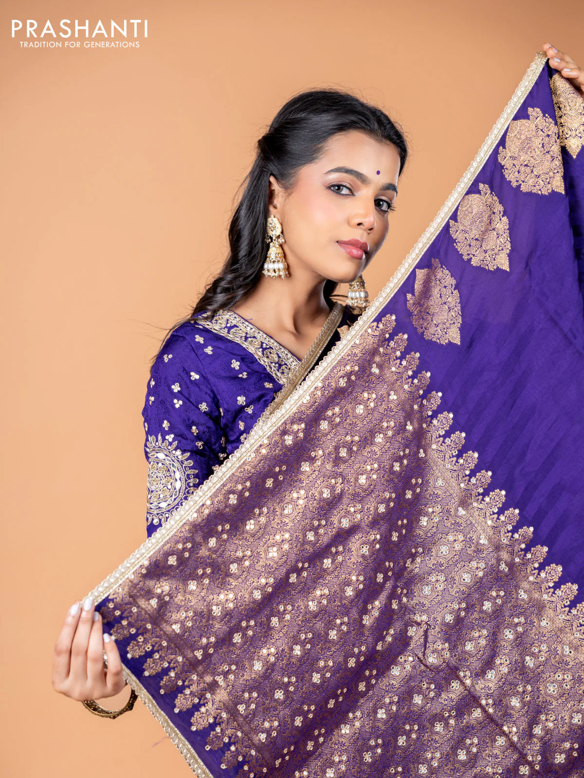 Banarasi crepe saree violet with stripes pattern and mirror work & banarasi style border - Image 12