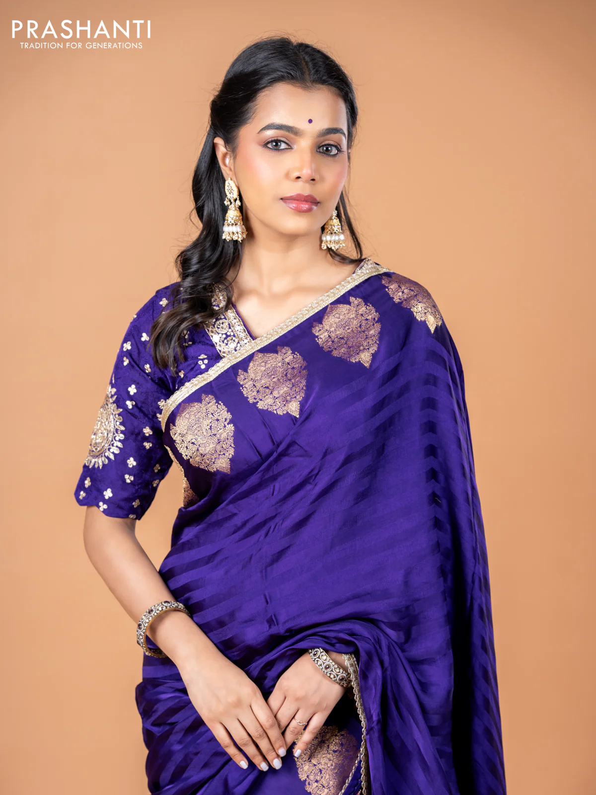 Banarasi crepe saree violet with stripes pattern and mirror work & banarasi style border - Image 2