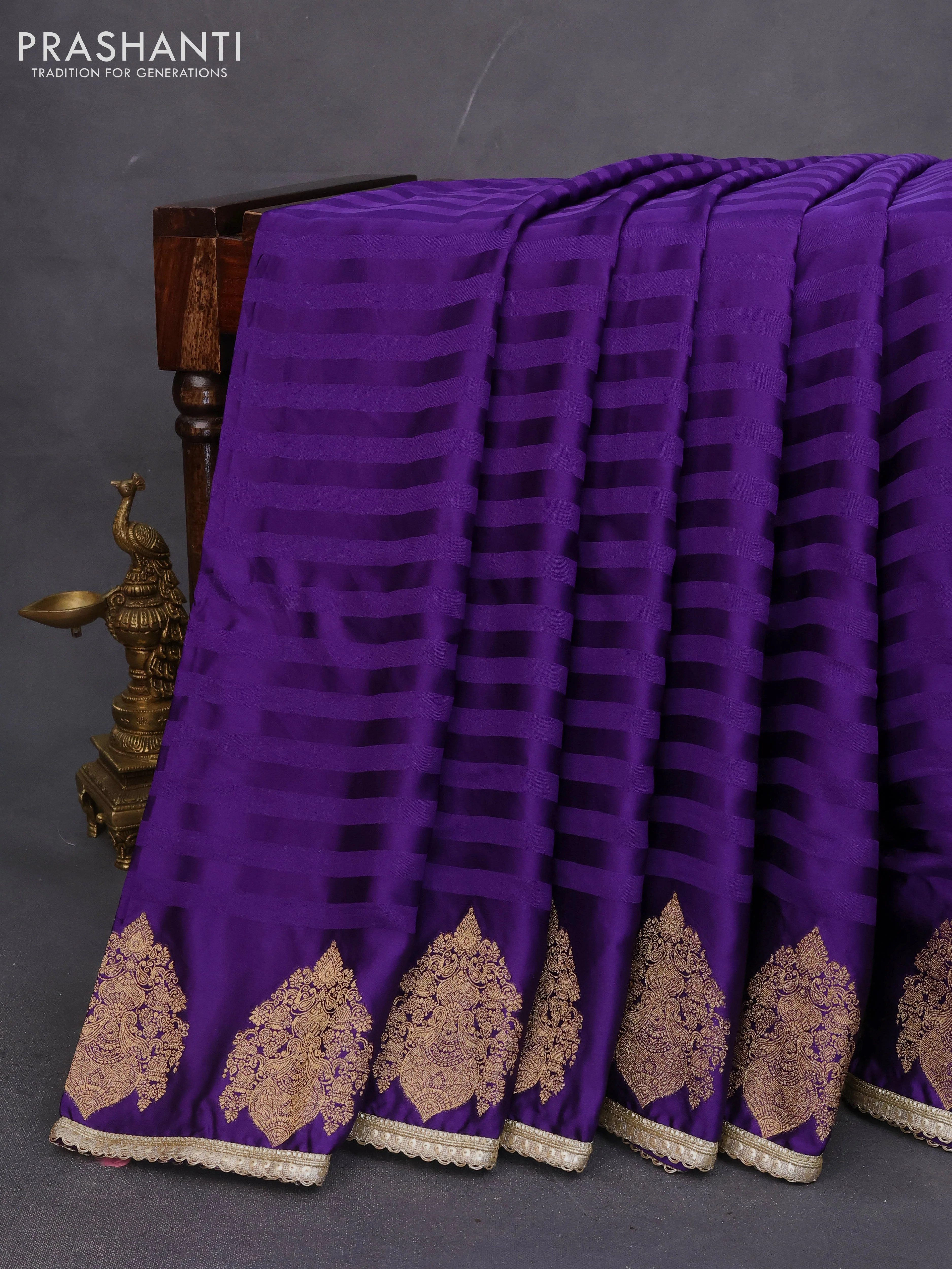 Banarasi crepe saree violet with stripes pattern and mirror work & banarasi style border - Image 3