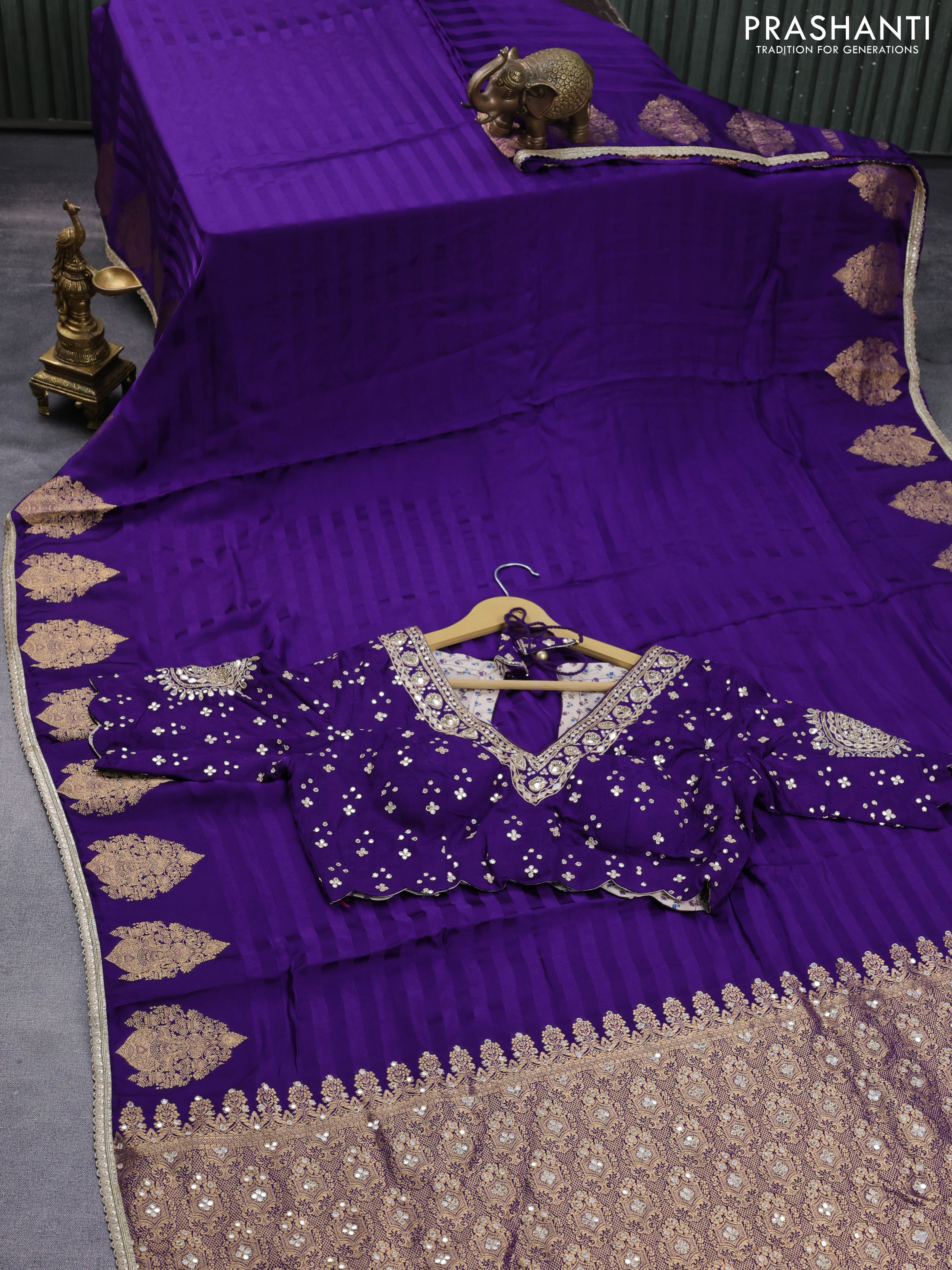 Banarasi crepe saree violet with stripes pattern and mirror work & banarasi style border - Image 4
