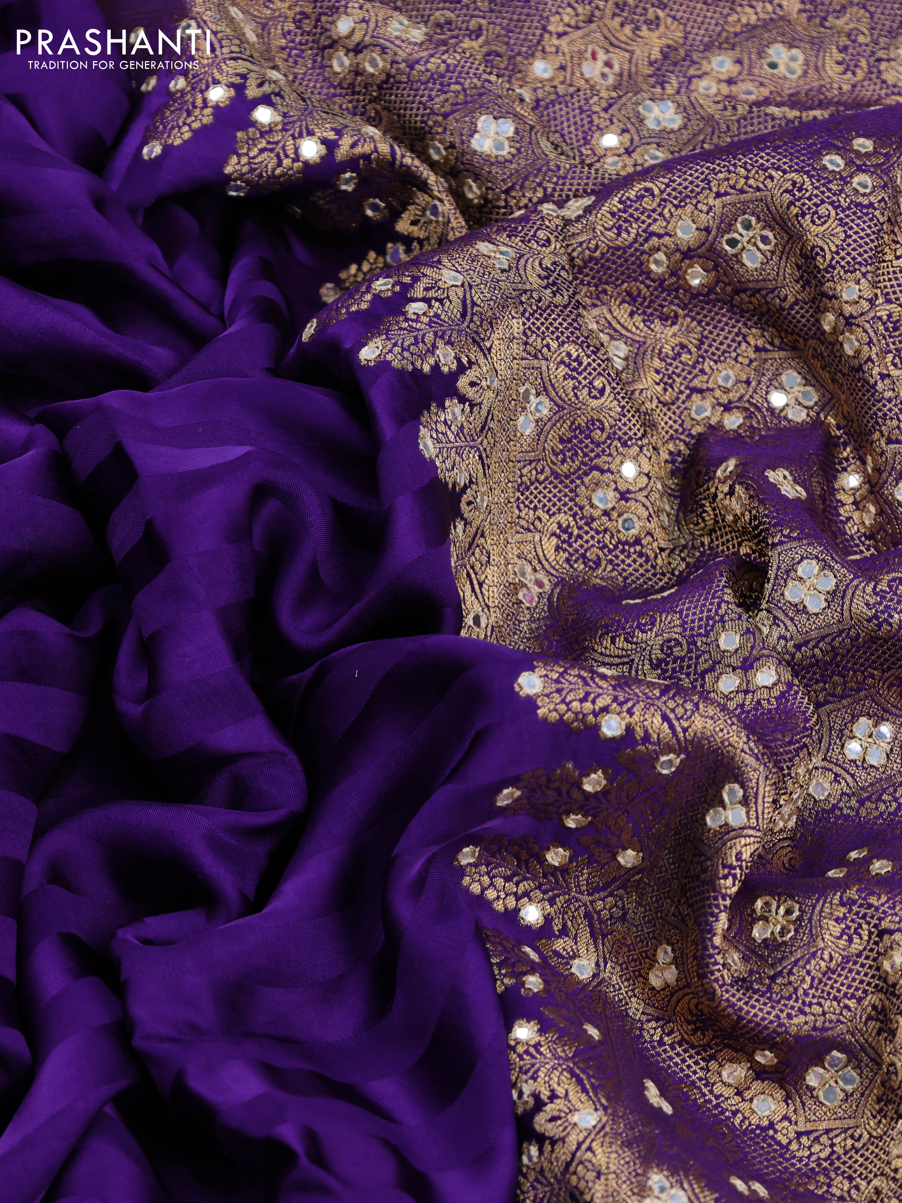 Banarasi crepe saree violet with stripes pattern and mirror work & banarasi style border - Image 5