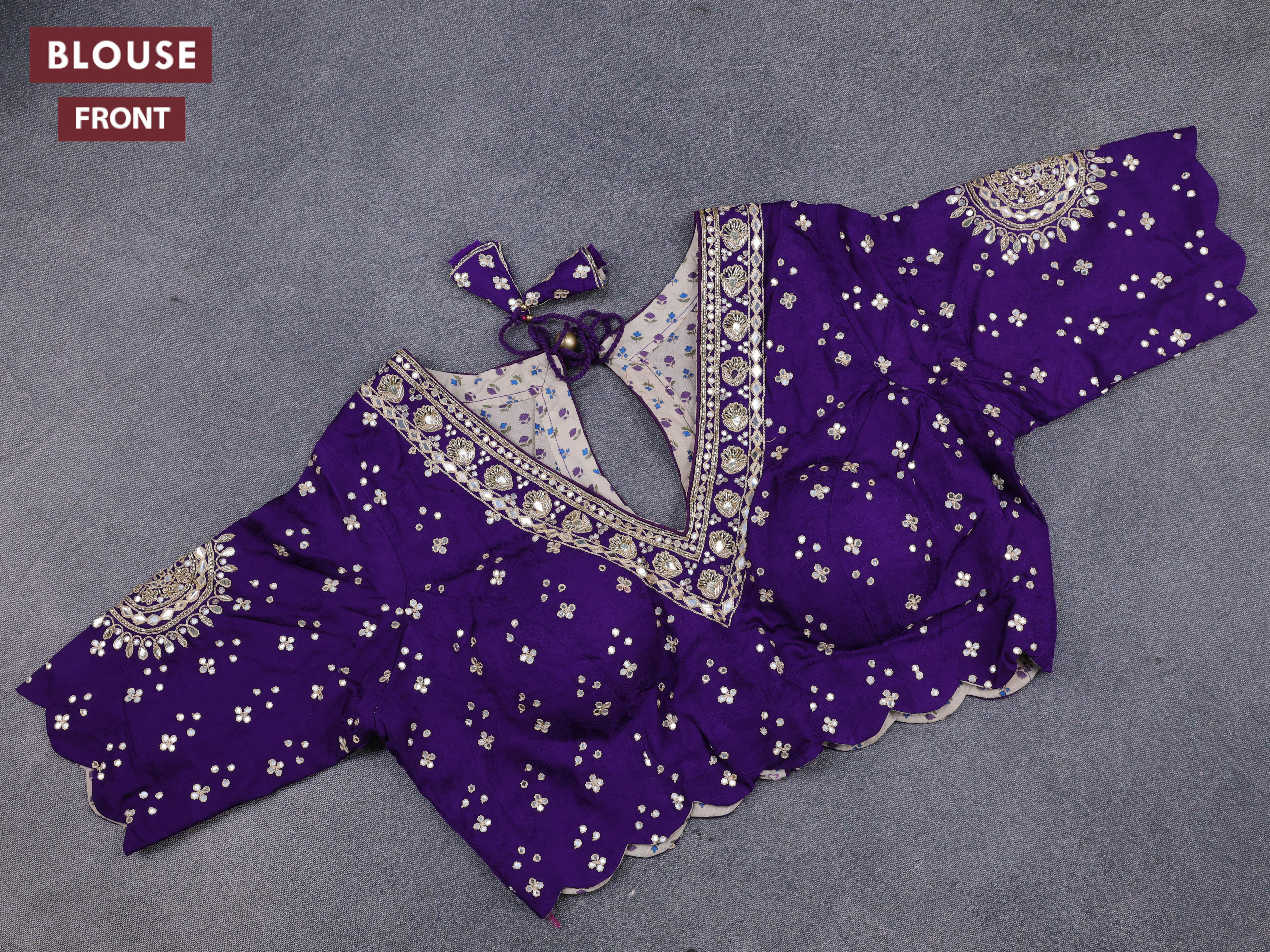 Banarasi crepe saree violet with stripes pattern and mirror work & banarasi style border - Image 6