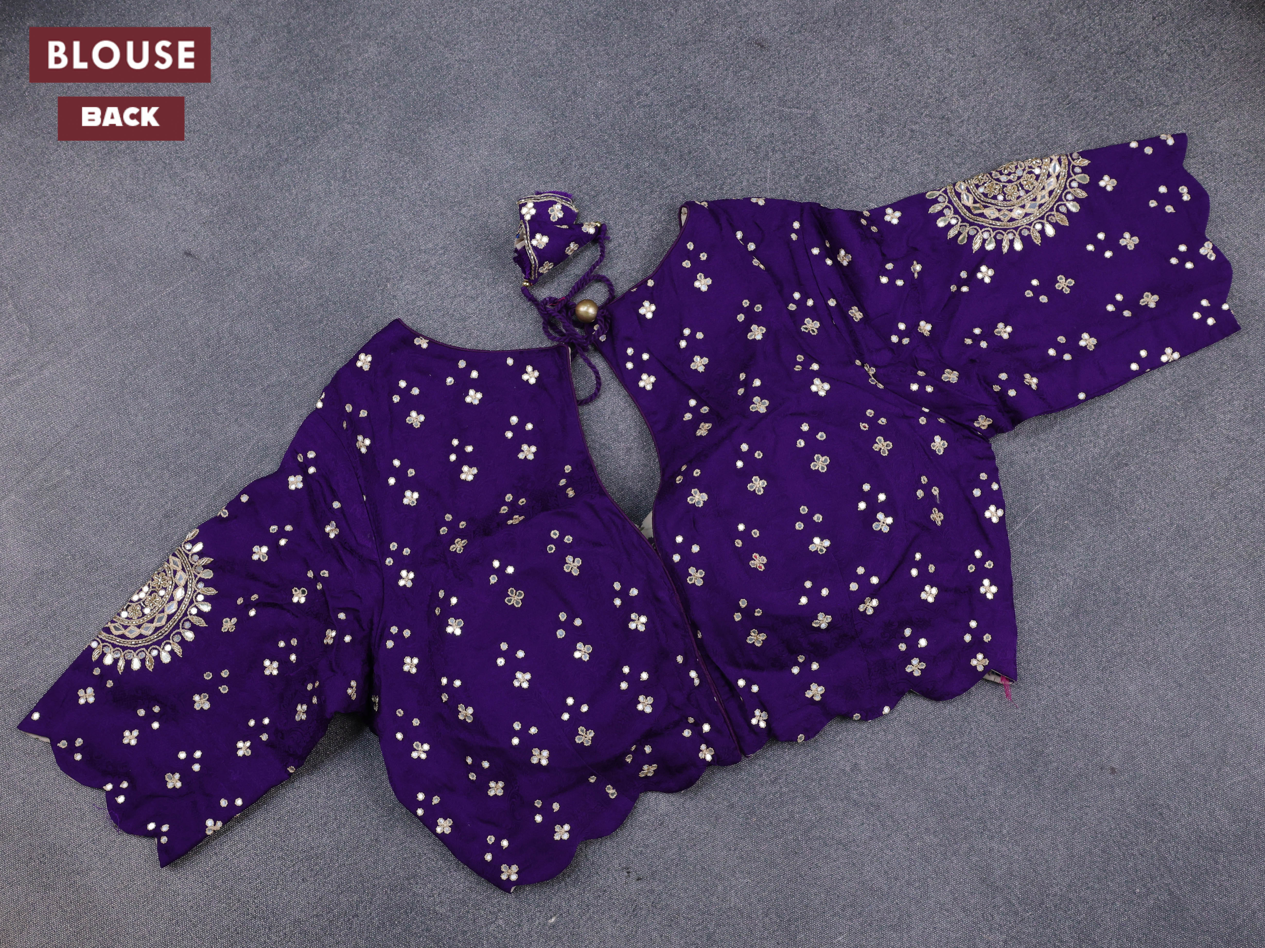 Banarasi crepe saree violet with stripes pattern and mirror work & banarasi style border - Image 7