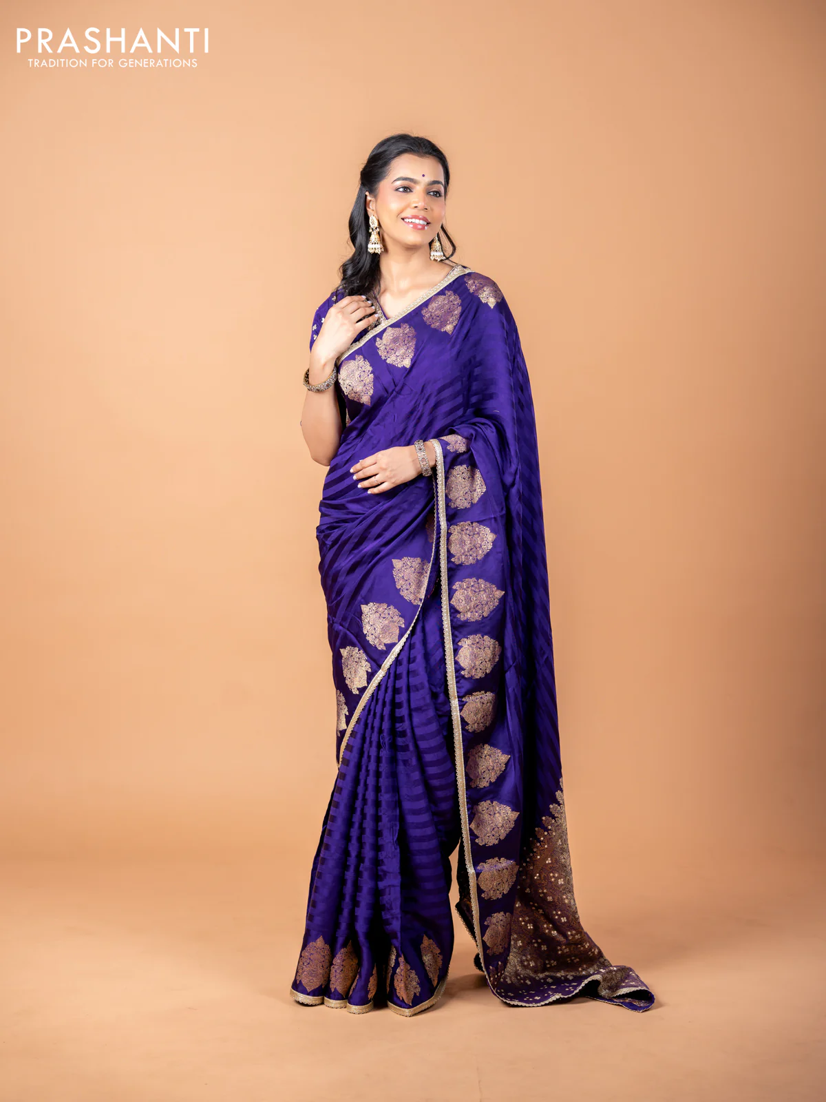 Banarasi crepe saree violet with stripes pattern and mirror work & banarasi style border - Image 8