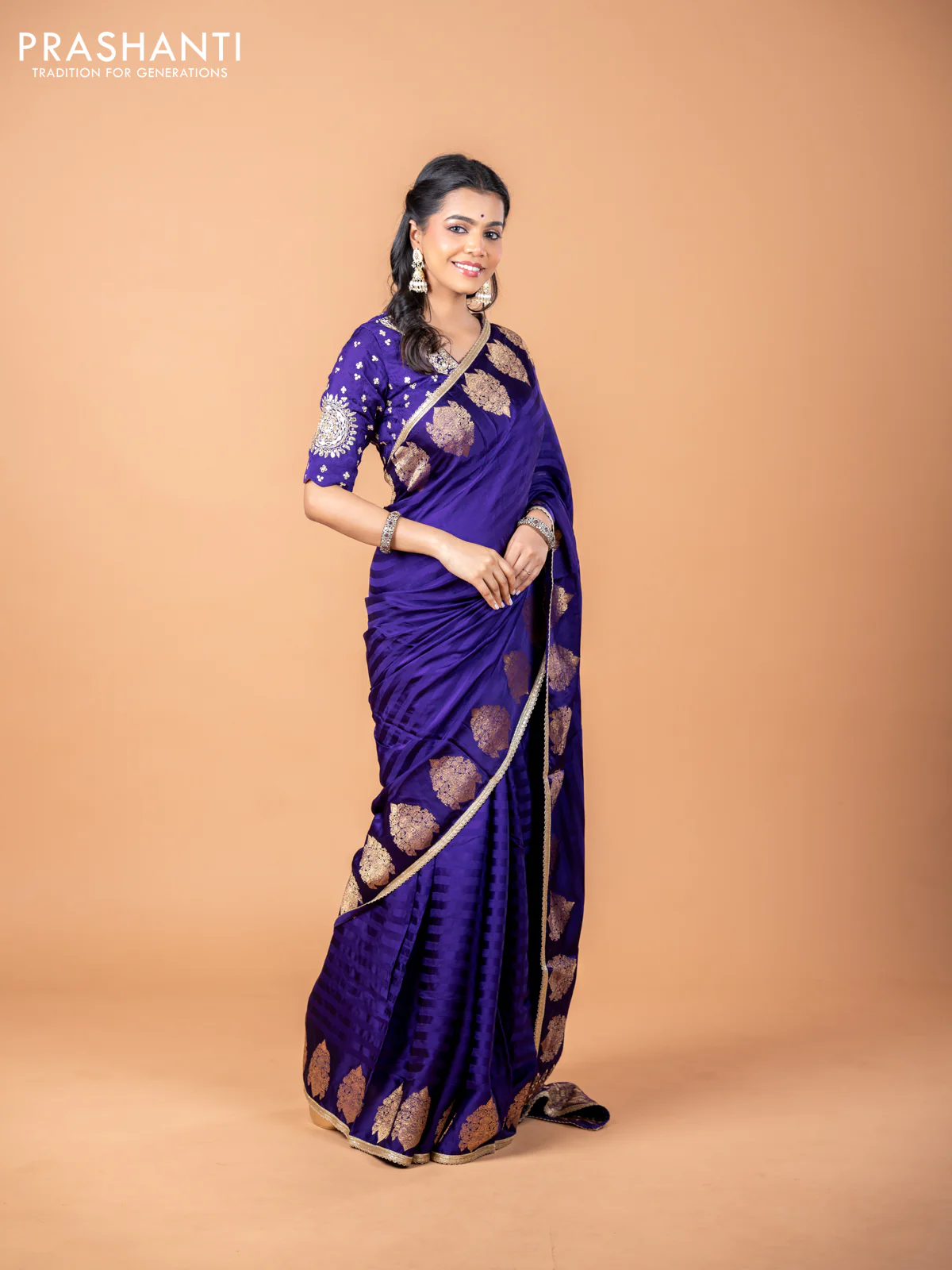 Banarasi crepe saree violet with stripes pattern and mirror work & banarasi style border - Image 9