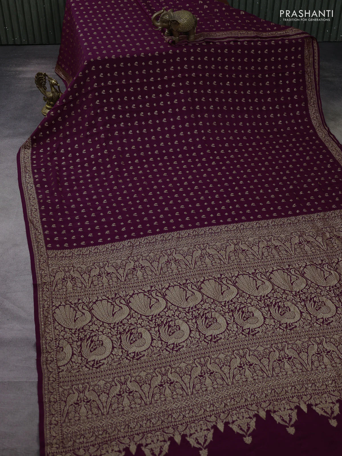 Banarasi crepe saree wine shade with allover thread & zari woven buttas and woven border - Image 2