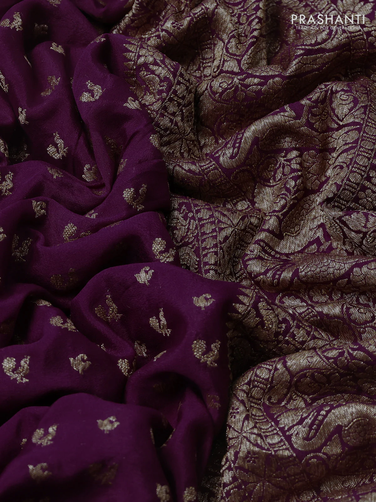 Banarasi crepe saree wine shade with allover thread & zari woven buttas and woven border - Image 3