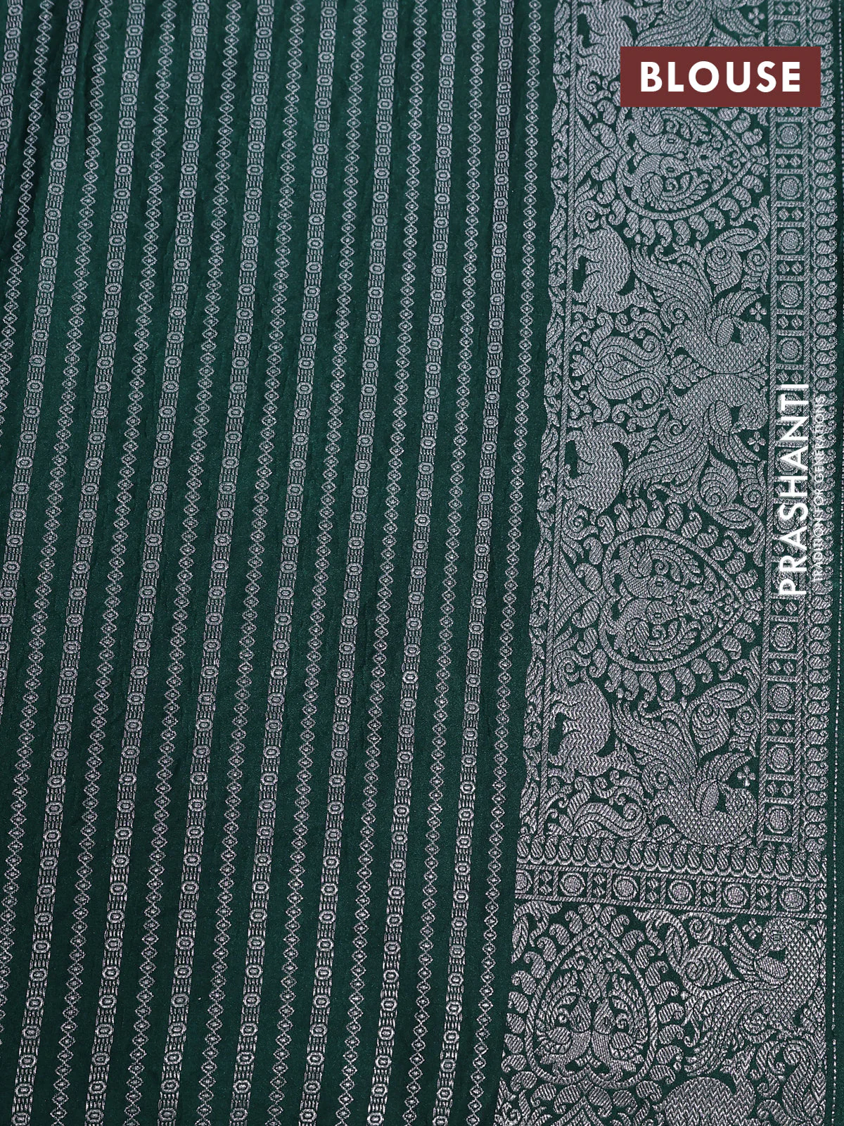 Banarasi crush crepe saree dark green with plain body and silver zari woven border - Image 4