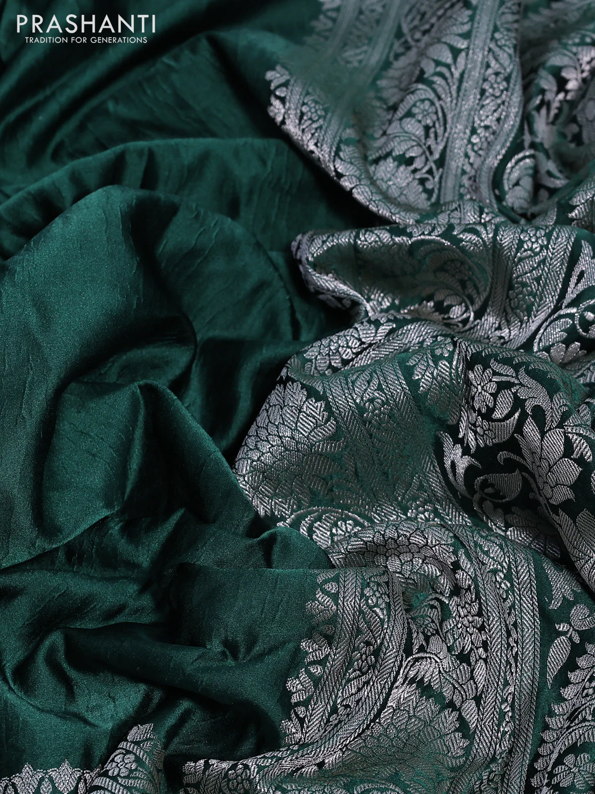 Banarasi crush crepe saree dark green with plain body and silver zari woven floral border - Image 3