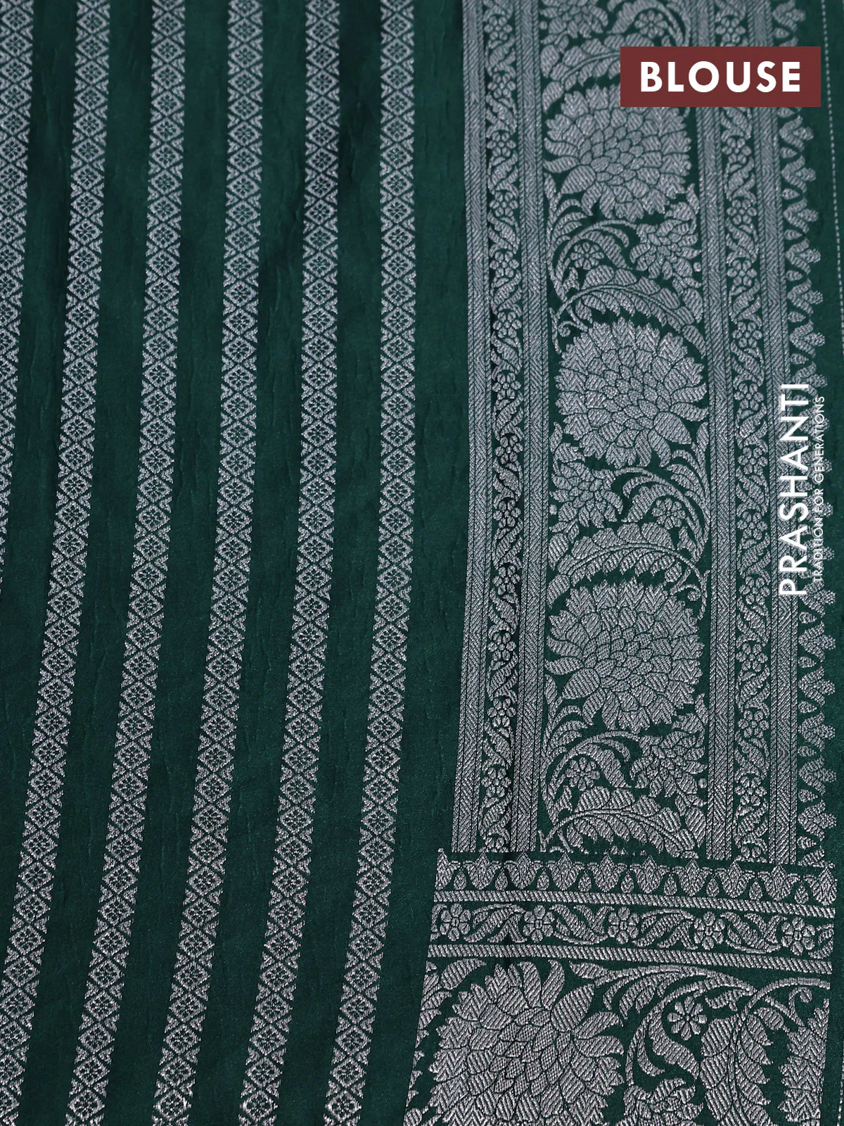 Banarasi crush crepe saree dark green with plain body and silver zari woven floral border - Image 4
