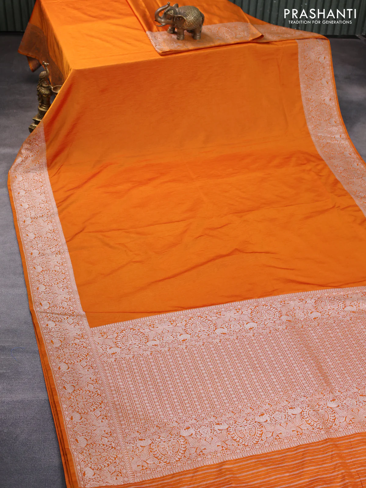 Banarasi crush crepe saree mustard yellow with plain body and silver zari woven border - Image 2