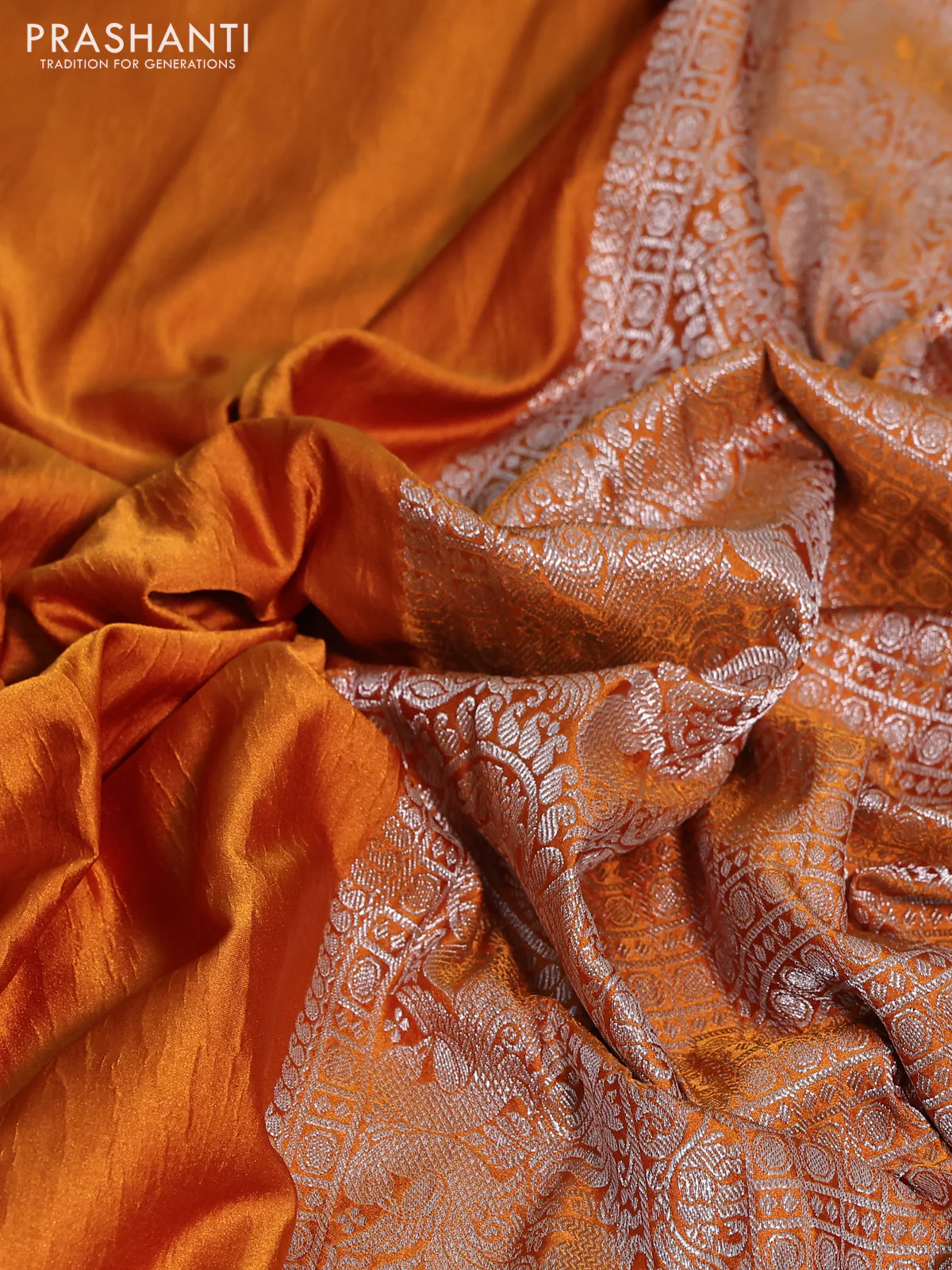 Banarasi crush crepe saree mustard yellow with plain body and silver zari woven border - Image 3