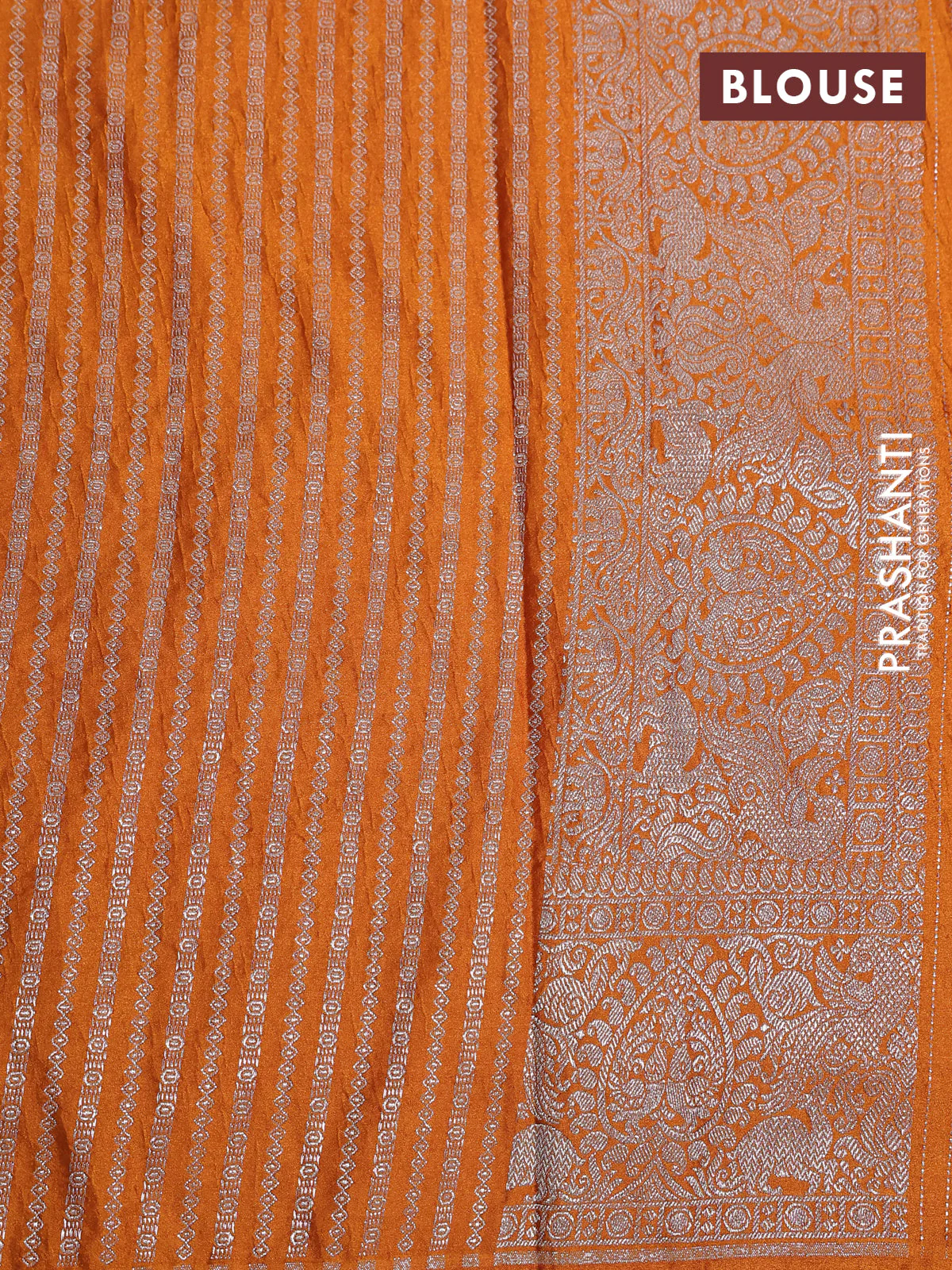 Banarasi crush crepe saree mustard yellow with plain body and silver zari woven border - Image 4