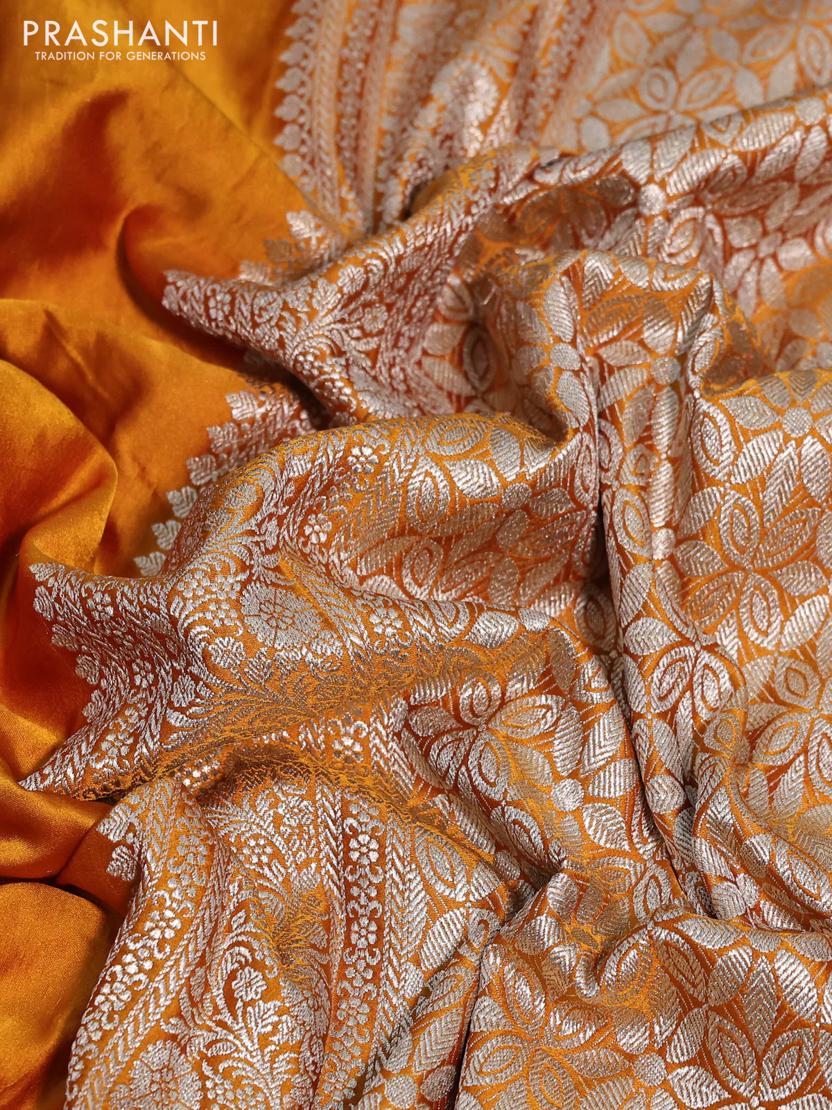 Banarasi crush crepe saree mustard yellow with plain body and zari woven border - Image 3