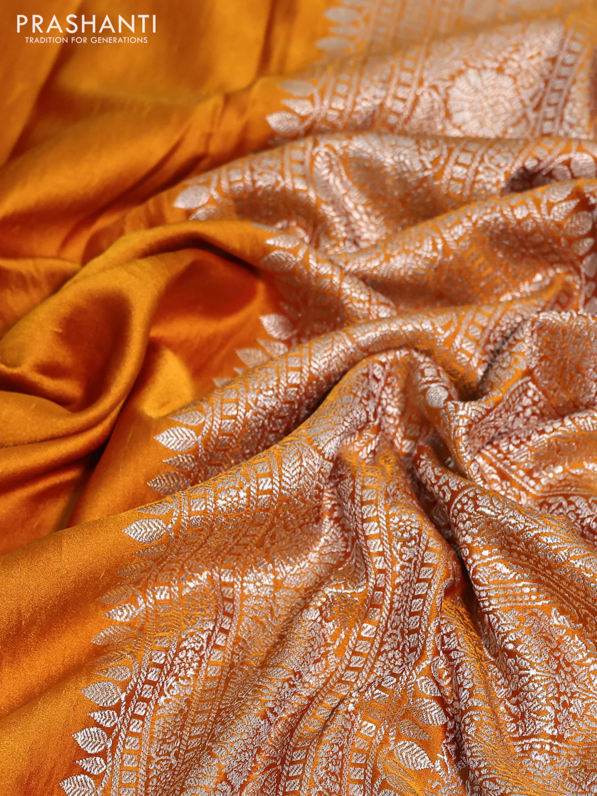 Banarasi crush crepe saree mustard yellow with plain body and zari woven border - Image 3