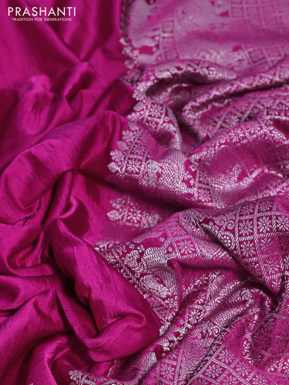 Banarasi crush crepe saree pink with plain body and silver zari woven elephant border - Image 3