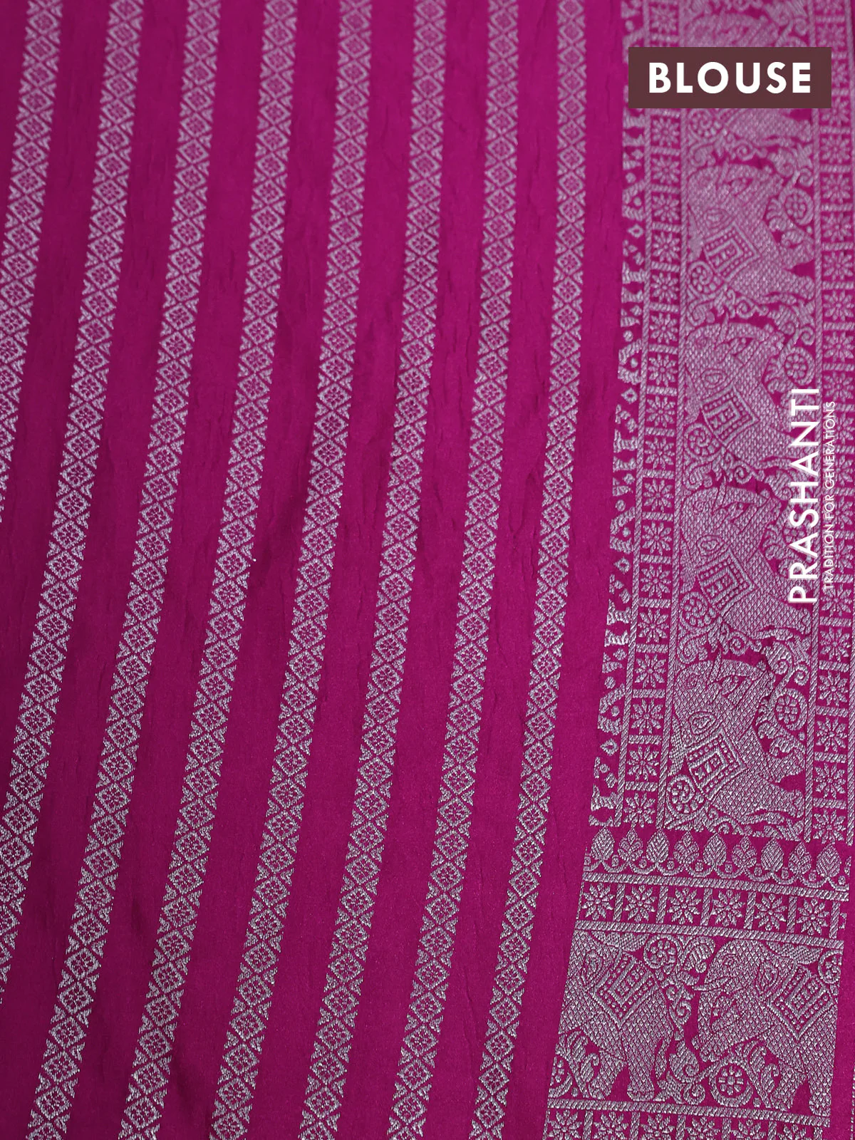 Banarasi crush crepe saree pink with plain body and silver zari woven elephant border - Image 4