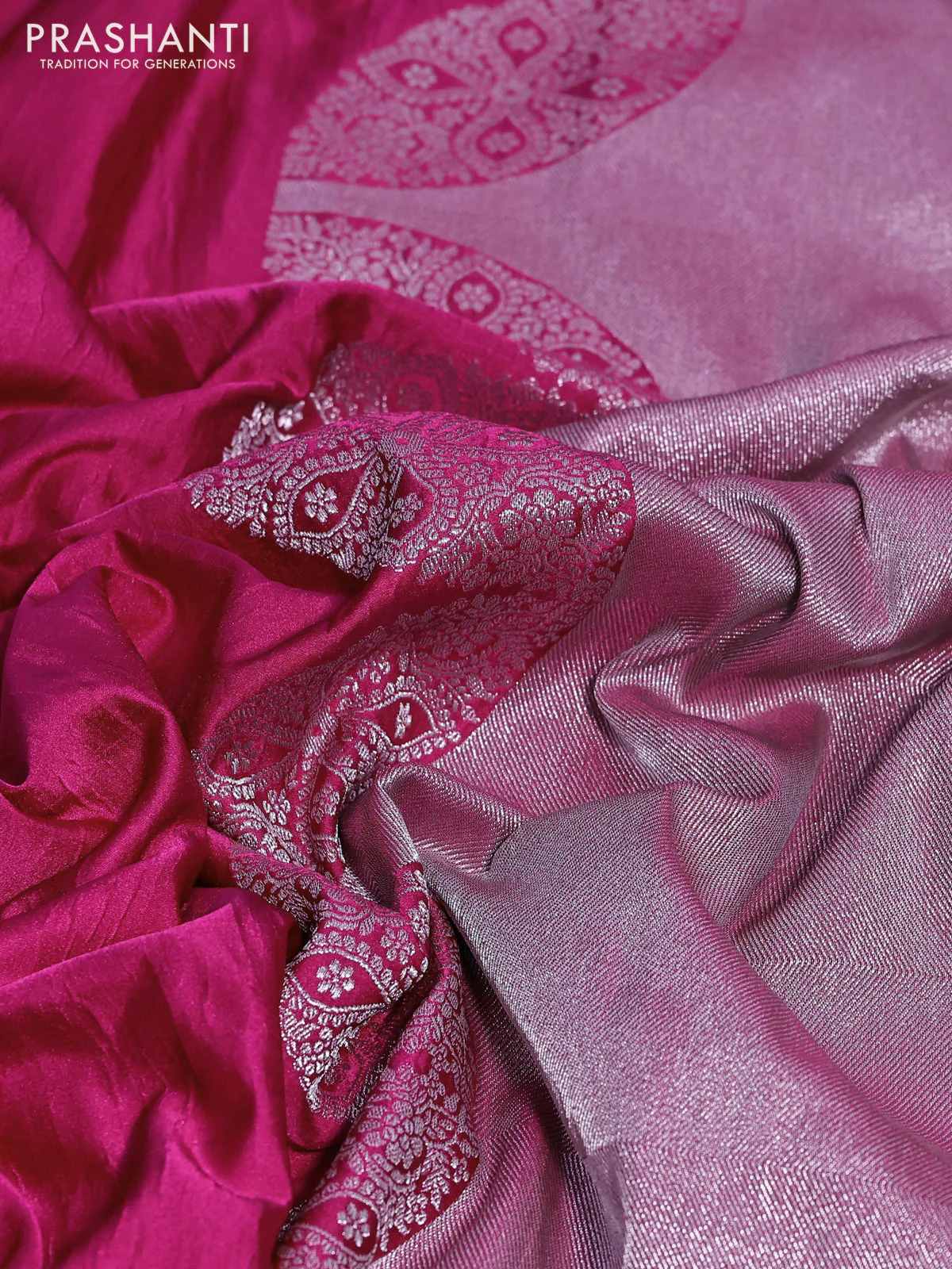 Banarasi crush crepe saree pink with plain body and zari woven border - Image 3