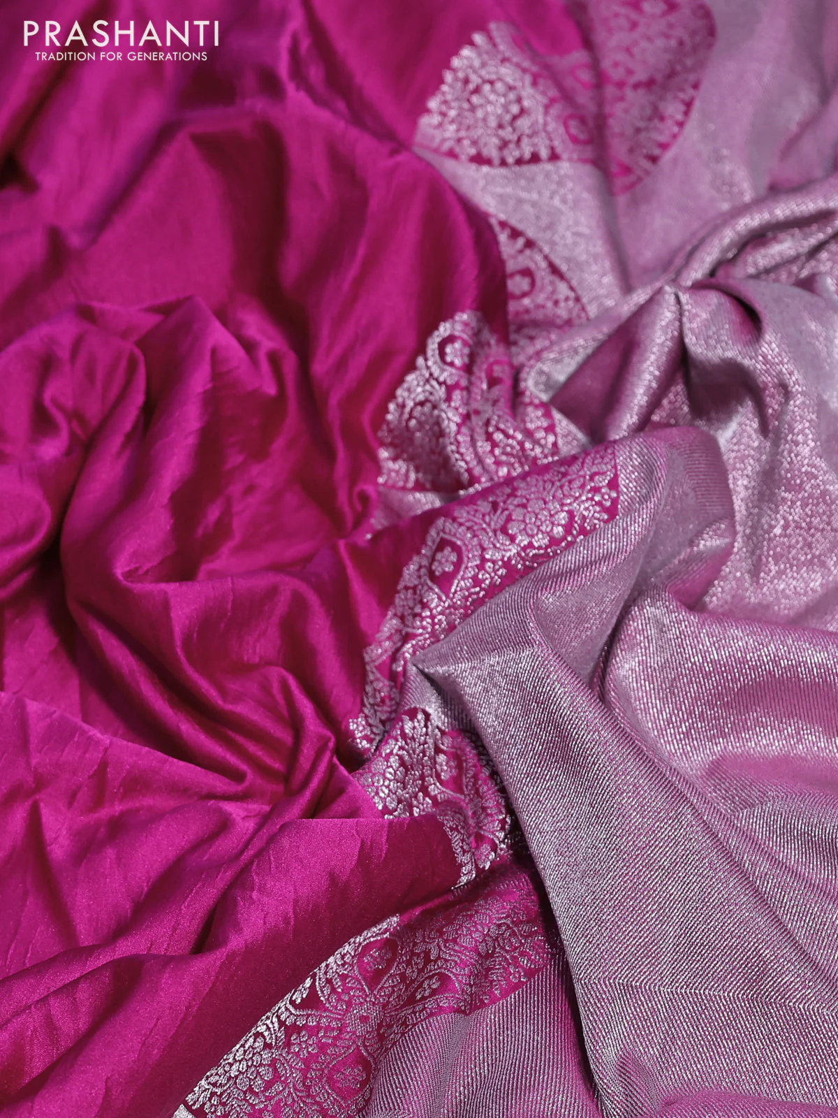 Banarasi crush crepe saree pink with plain body and zari woven border - Image 3