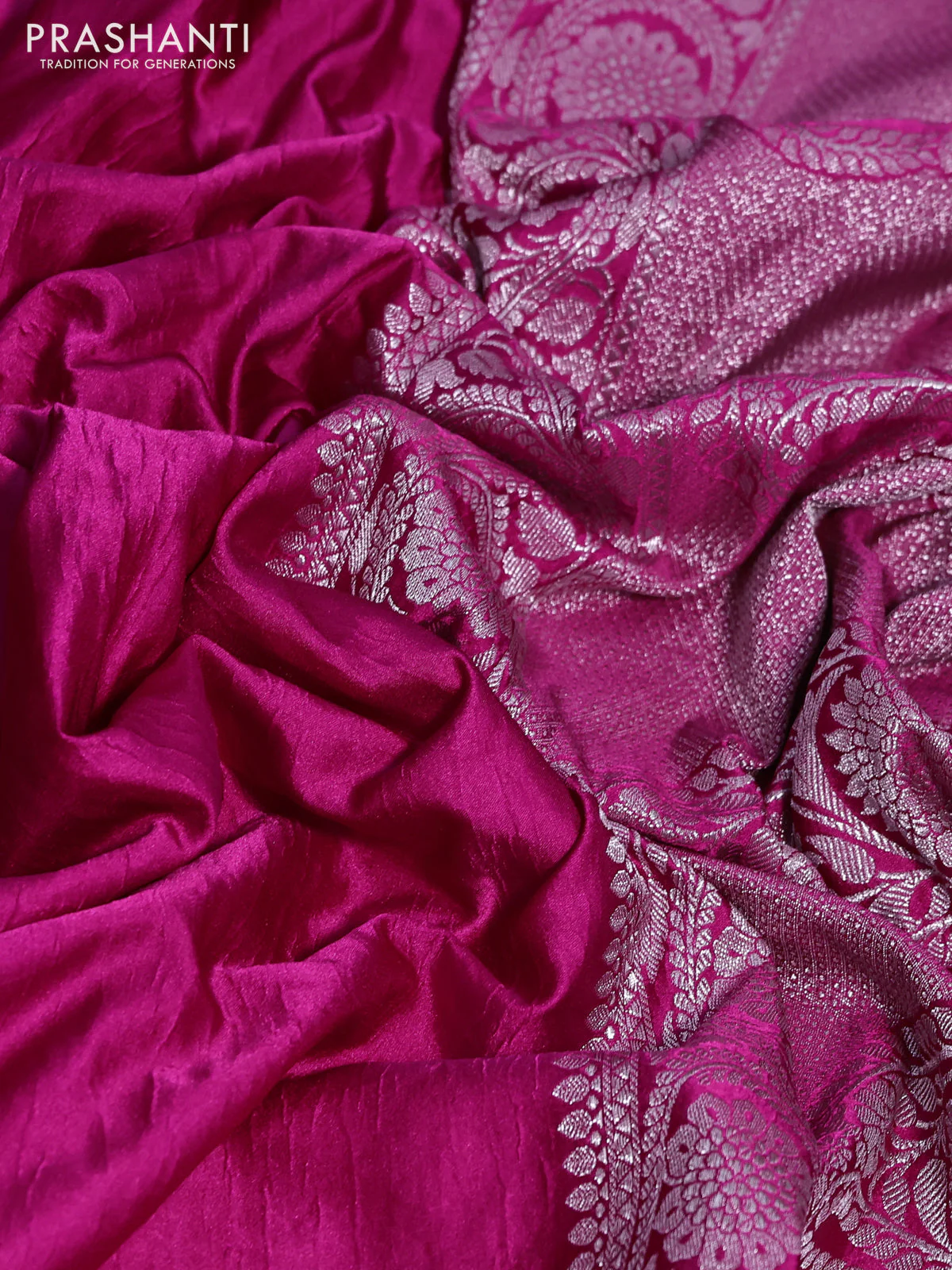 Banarasi crush crepe saree pink with plain body and zari woven border - Image 3