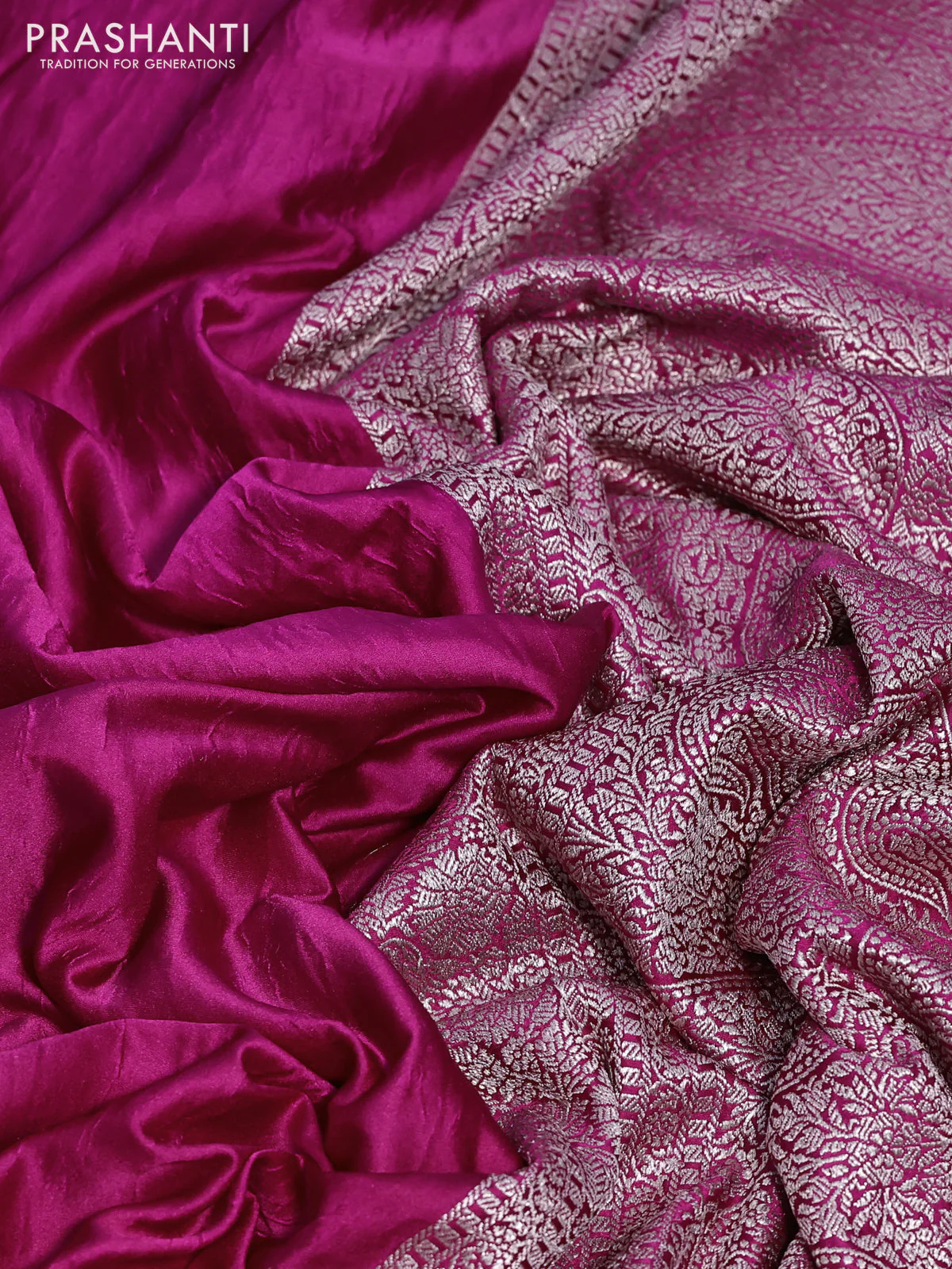 Banarasi crush crepe saree pink with plain body and zari woven border - Image 3
