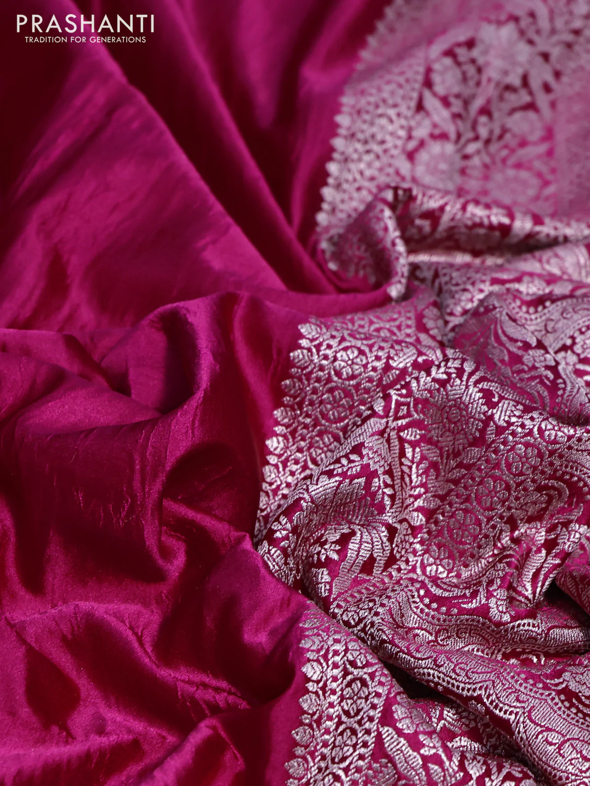 Banarasi crush crepe saree pink with plain body and zari woven floral border - Image 3