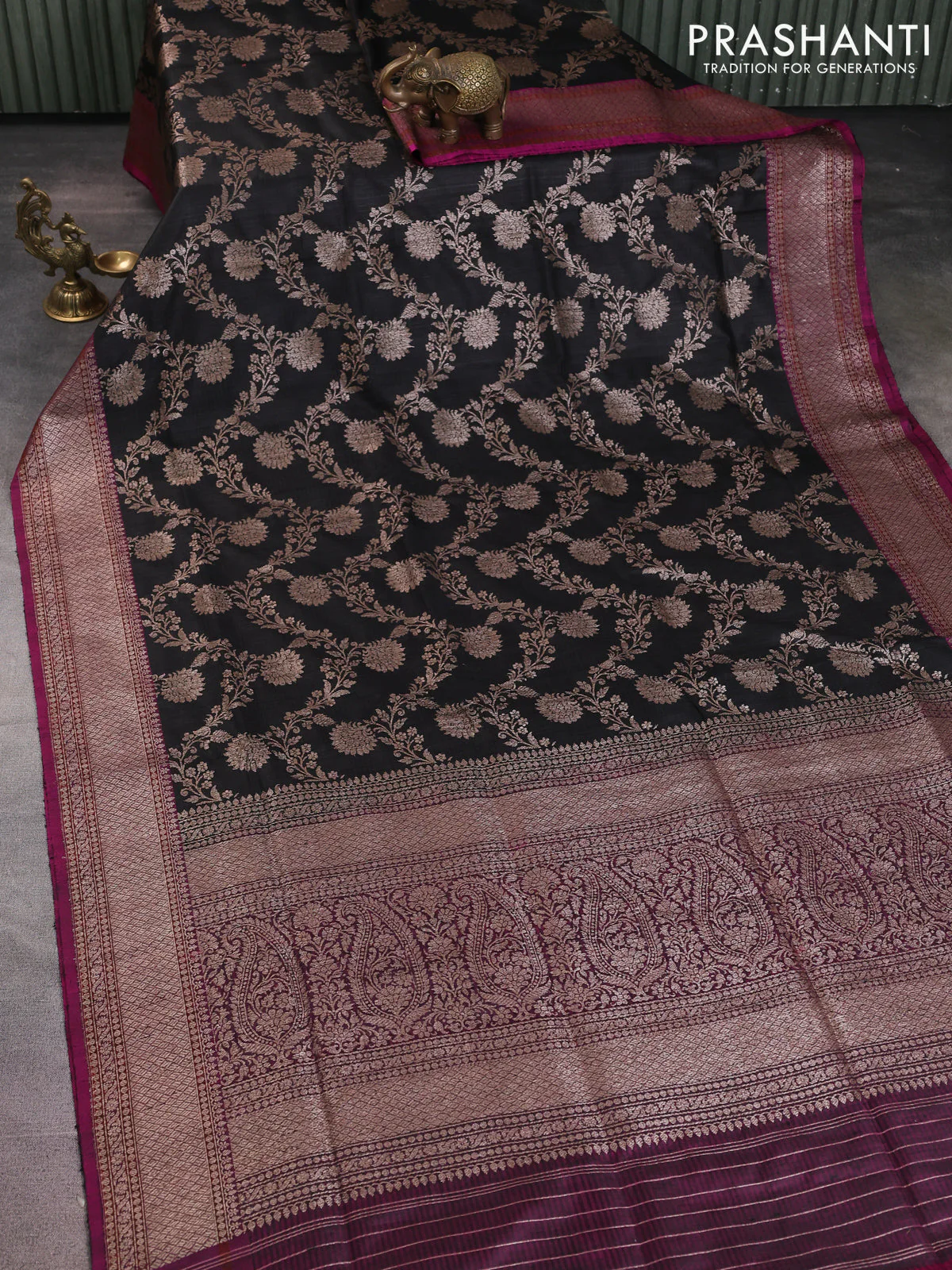 Banarasi dupion silk saree black and purple with allover thread & zari floral weaves and woven border - Image 2