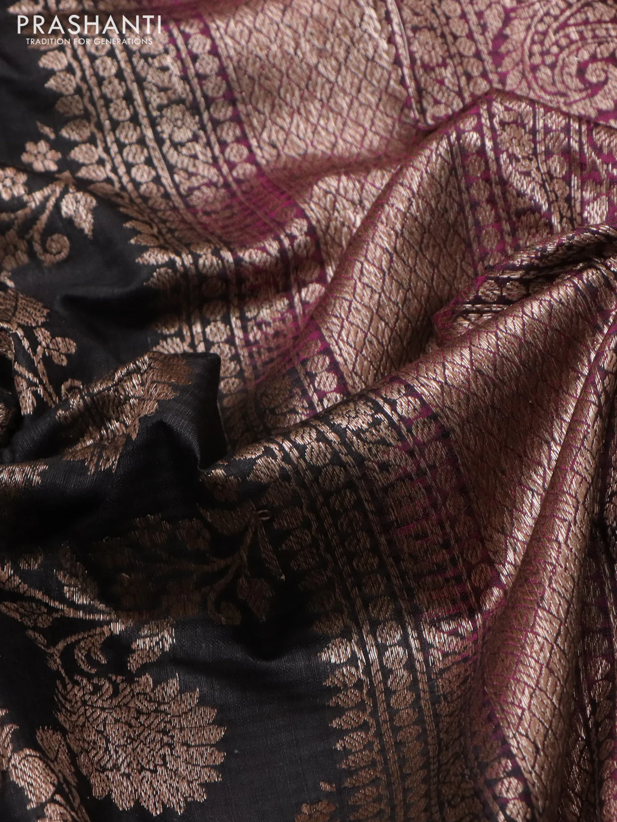 Banarasi dupion silk saree black and purple with allover thread & zari floral weaves and woven border - Image 3