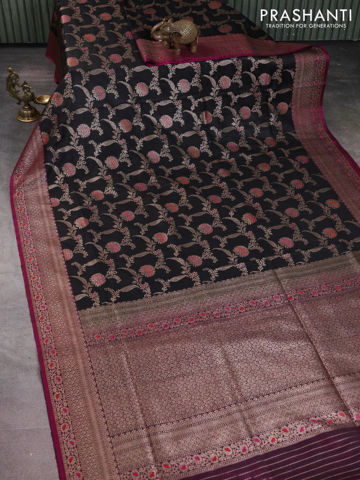Banarasi dupion silk saree black and purple with allover thread & zari floral weaves and woven border - Image 2