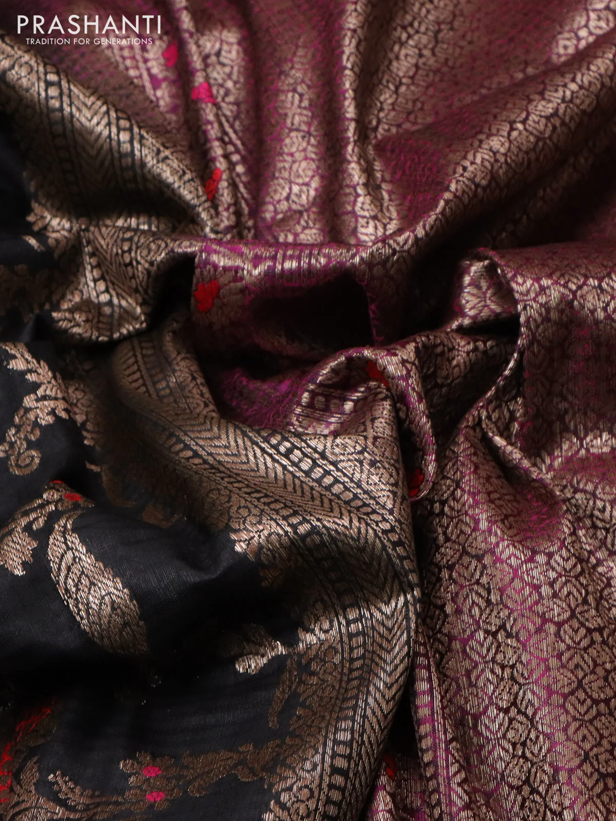 Banarasi dupion silk saree black and purple with allover thread & zari floral weaves and woven border - Image 3