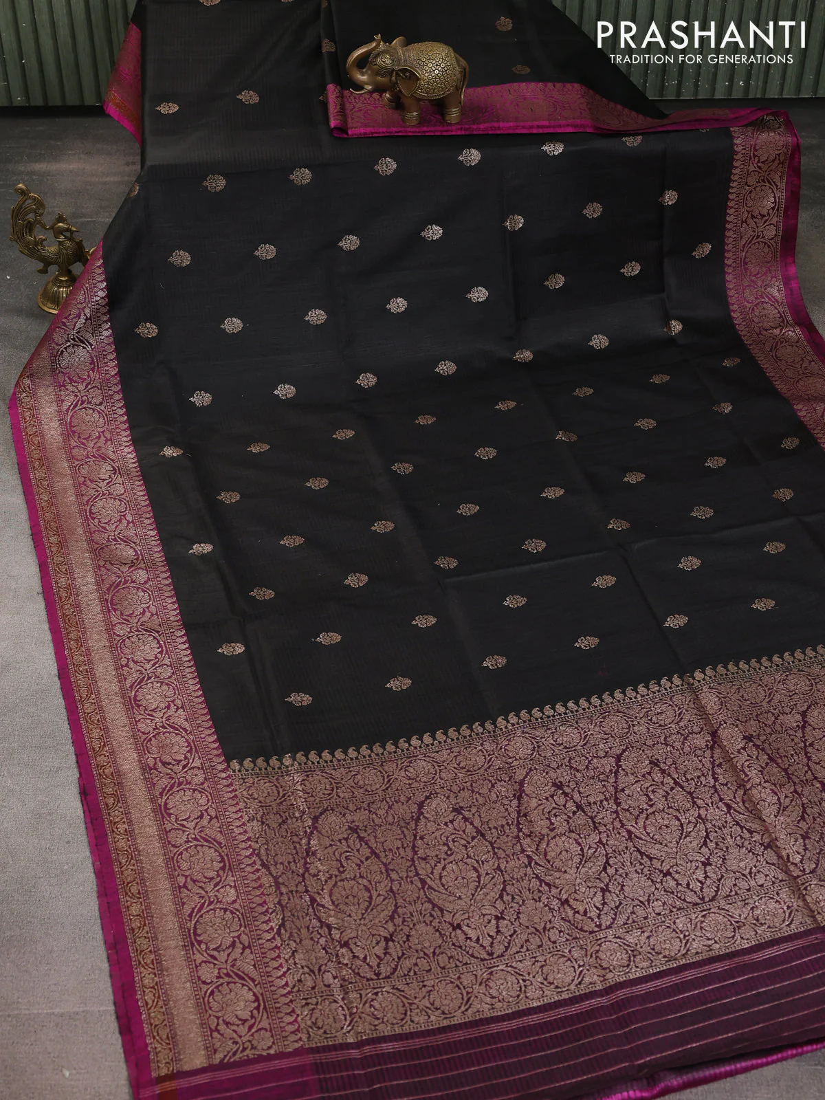 Banarasi dupion silk saree black and purple with thread & zari woven floral buttas and woven border - Image 2