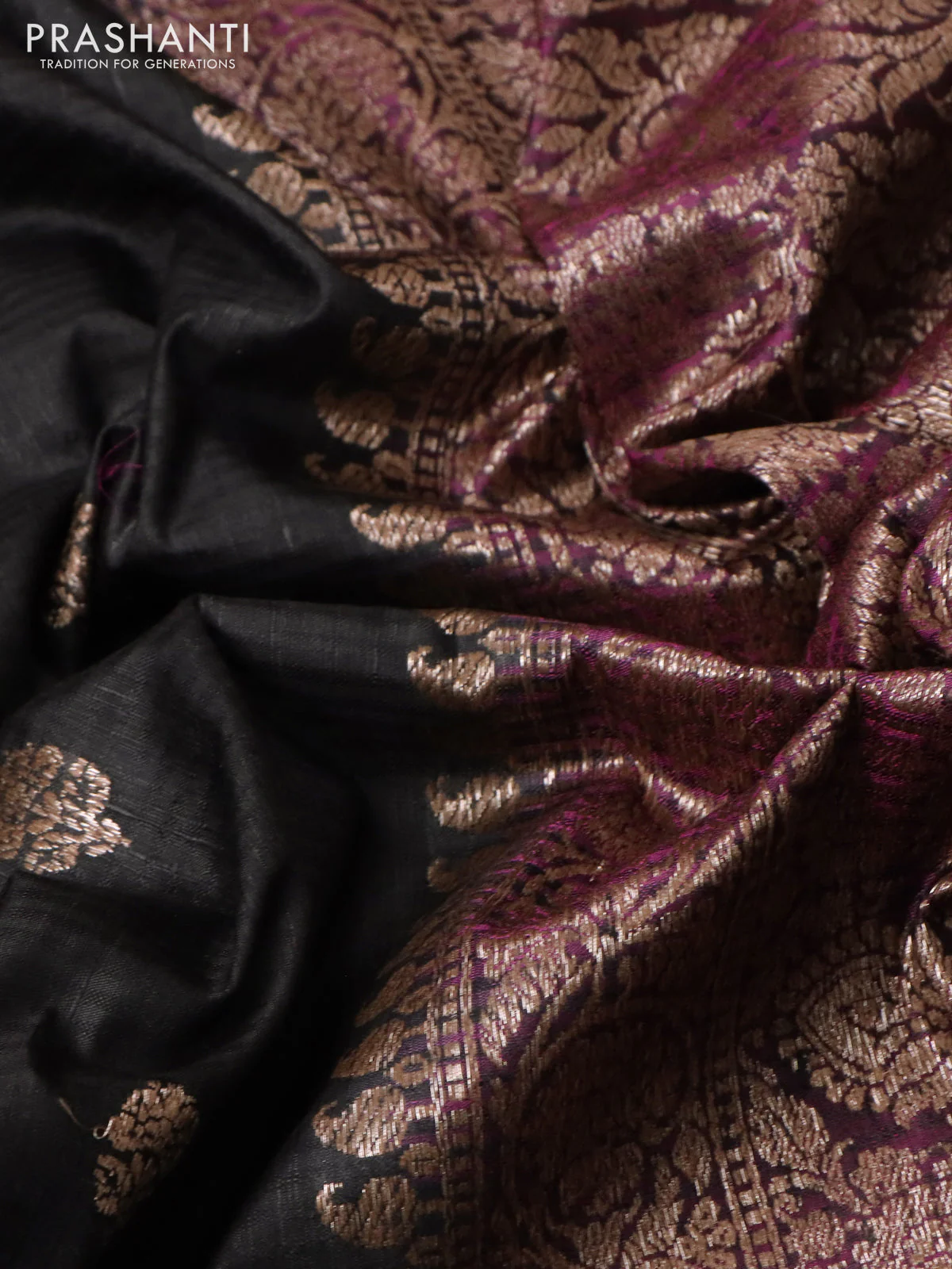 Banarasi dupion silk saree black and purple with thread & zari woven floral buttas and woven border - Image 3