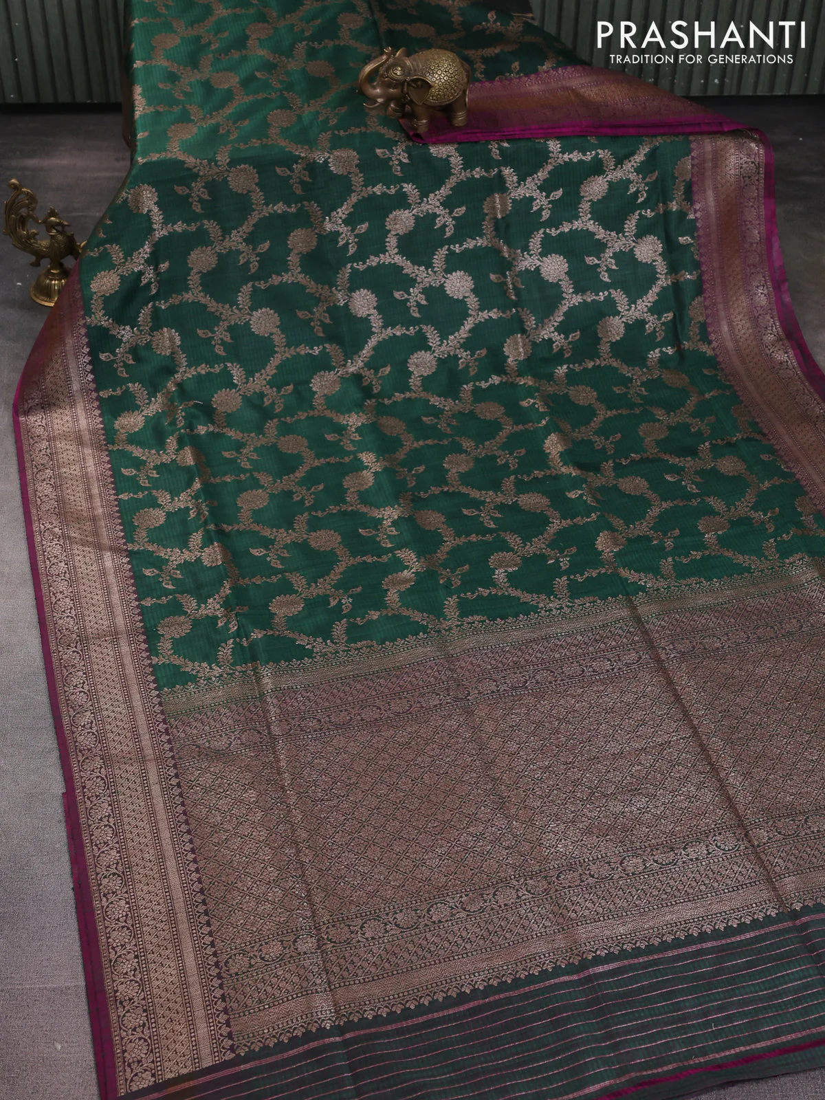 Banarasi dupion silk saree dark green and dual shade of purple with allover thread & zari weaves and woven border - Image 2