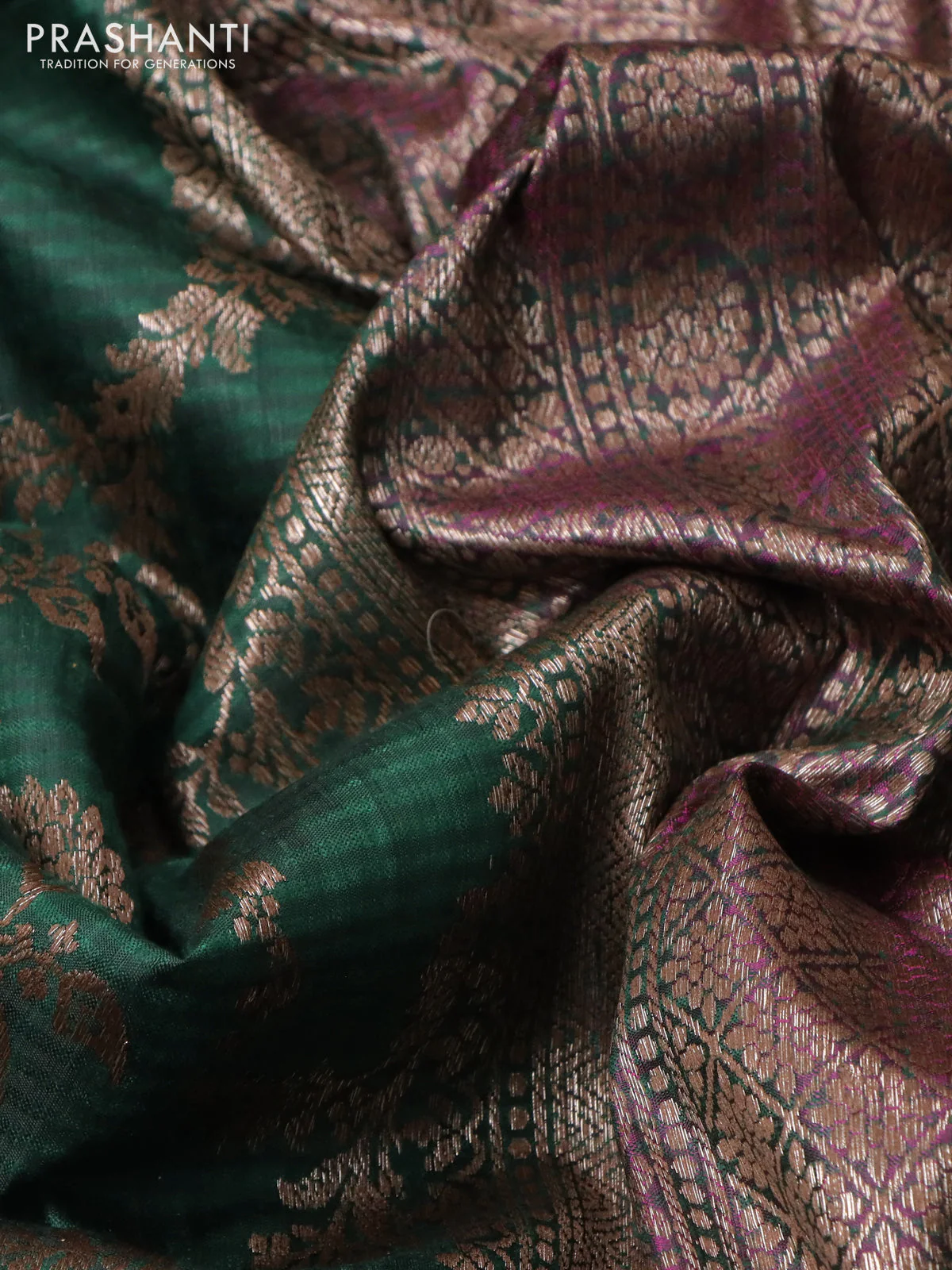 Banarasi dupion silk saree dark green and dual shade of purple with allover thread & zari weaves and woven border - Image 3