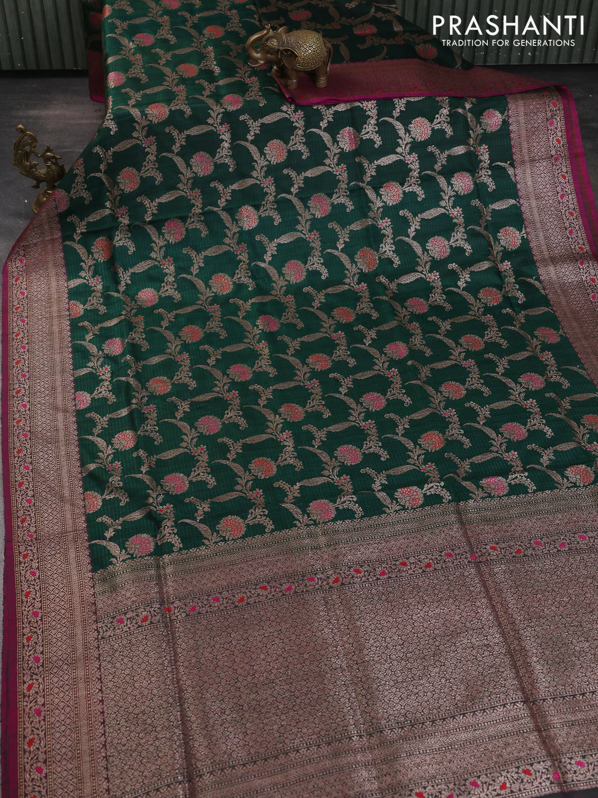 Banarasi dupion silk saree green and purple with allover thread & zari floral weaves and woven border - Image 2